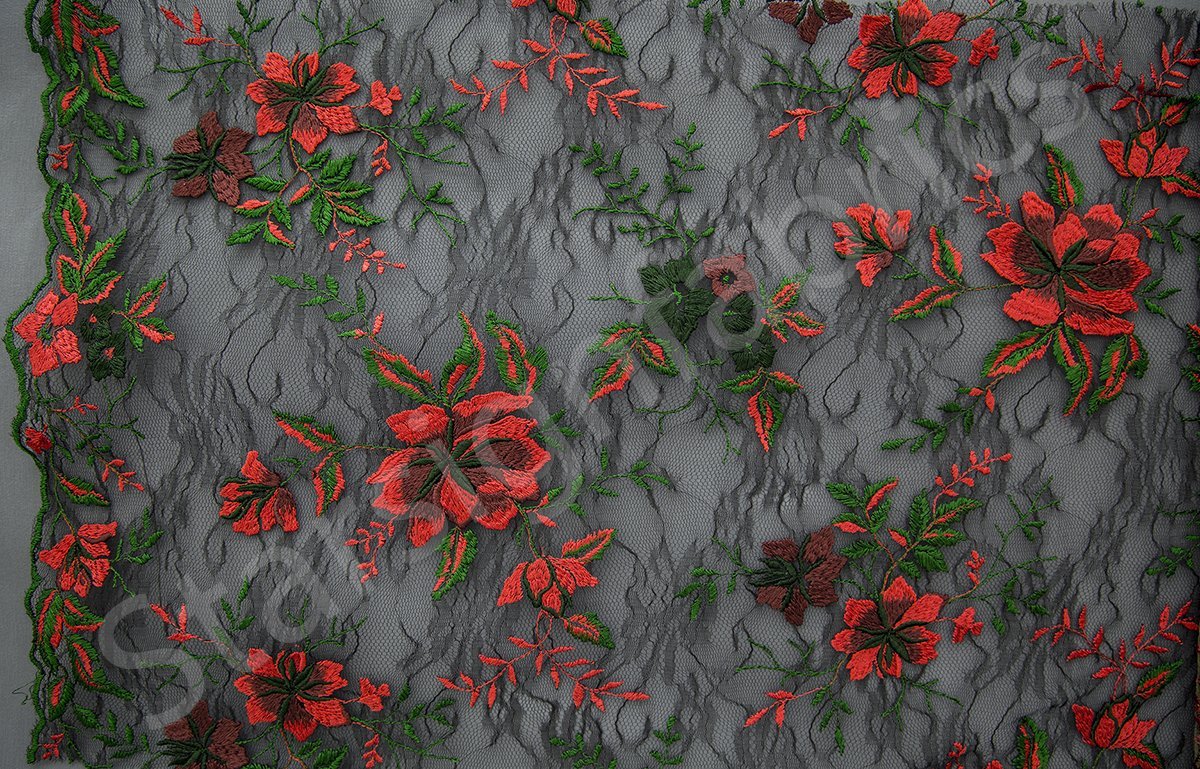 Mallorca Style Green-Red Floral Embroidered Lace Fabric | Burç Fabric