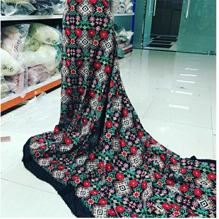 Floral Aztec Design Embroidered Chiffon Dress | Burç Fabric