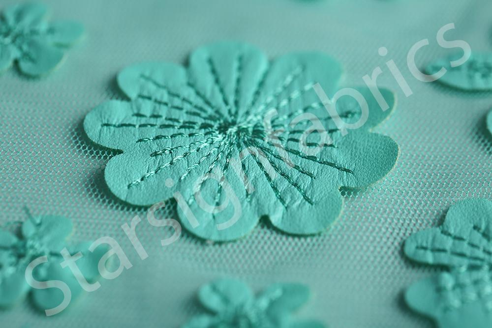 Green Clover Petal Design Faux Leather Embroidery Fabric | Burç Fabric