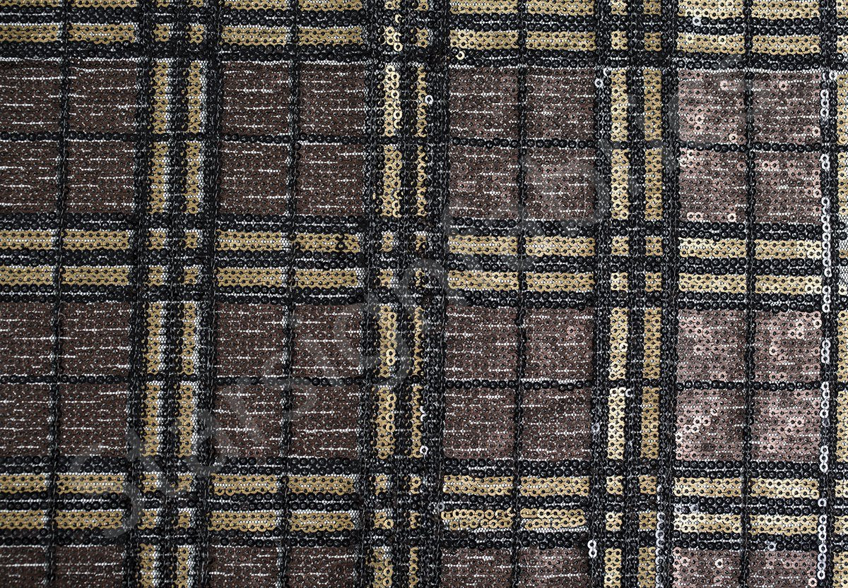 Beige Geo Check Designed Fabric with Sequin Embroidery All Over | Burç Fabric