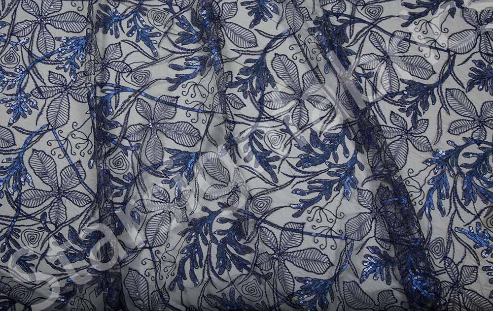 Geneva Style Navy Blue Floral Embroidered Lace Fabric | Burç Fabric