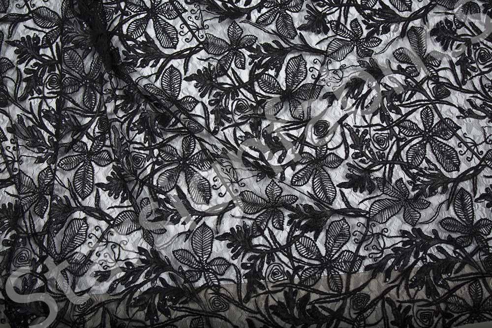 Geneva Style Black Floral Embroidered Lace Fabric | Burç Fabric