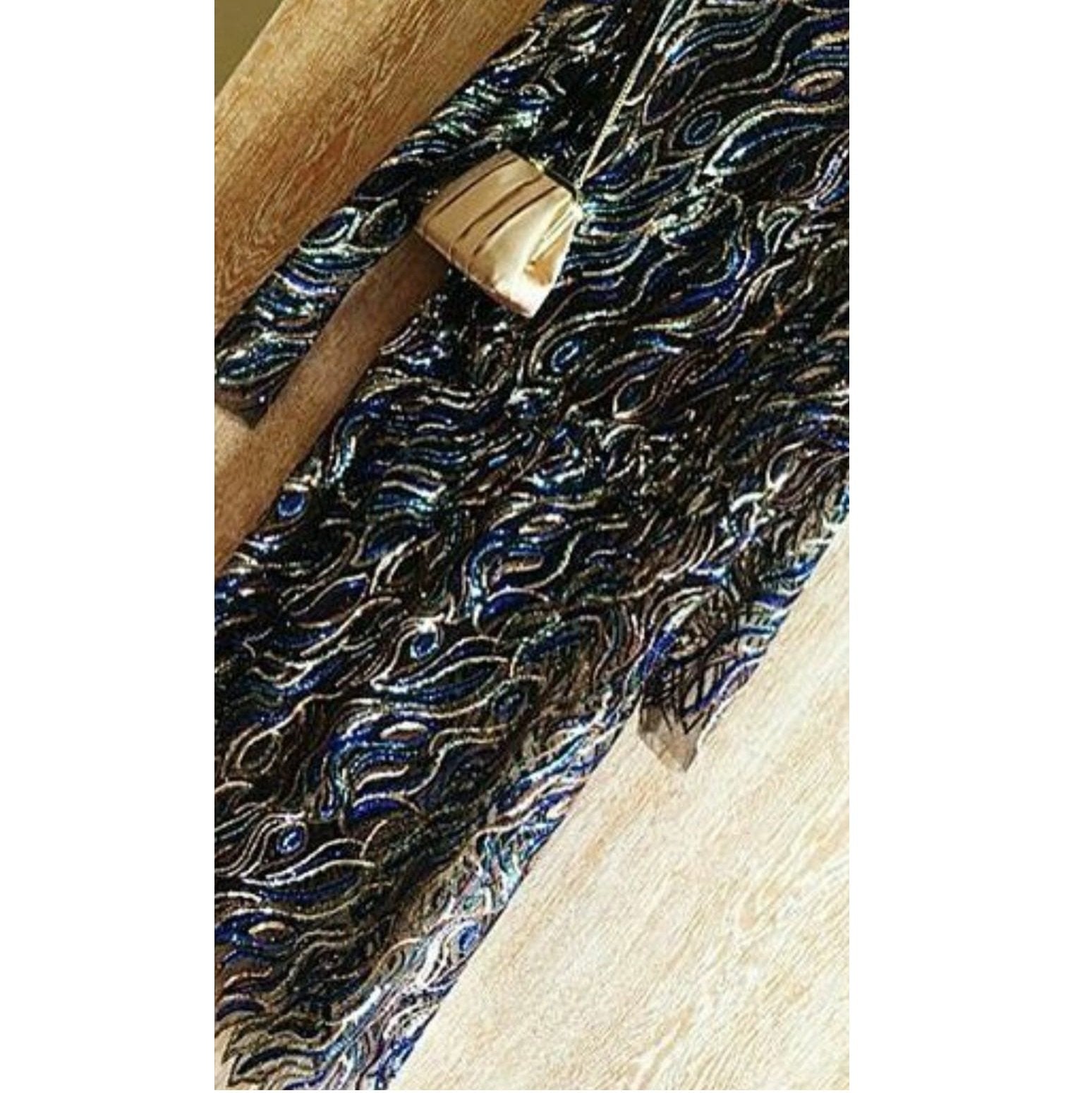 Navy Blue Wavy Design Colorful Sequin Embroidery Dress | Burç Fabric