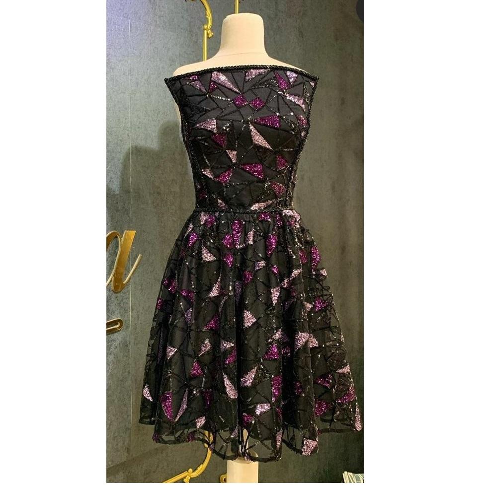 Purple Geometric Colored Thread Embroidered Dress | Burç Fabric