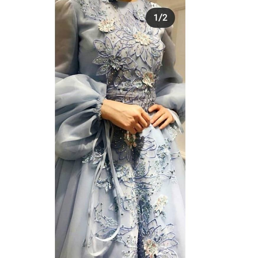Blue 3D Floral Design Beaded Thread Embroidery Knitted Dress | Burç Fabric