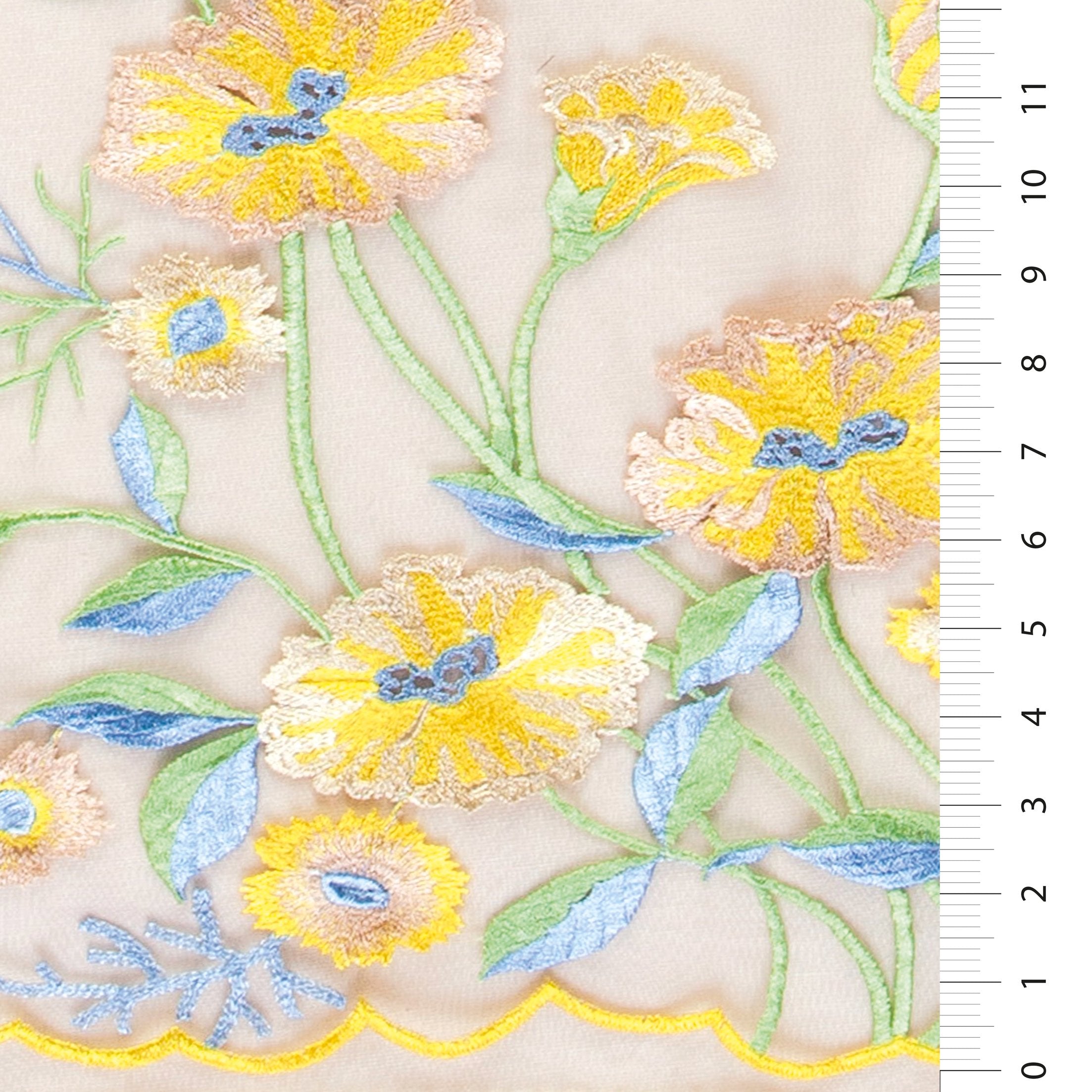 Scalloped Thread Embroidered Fabric with Flower Garden Design