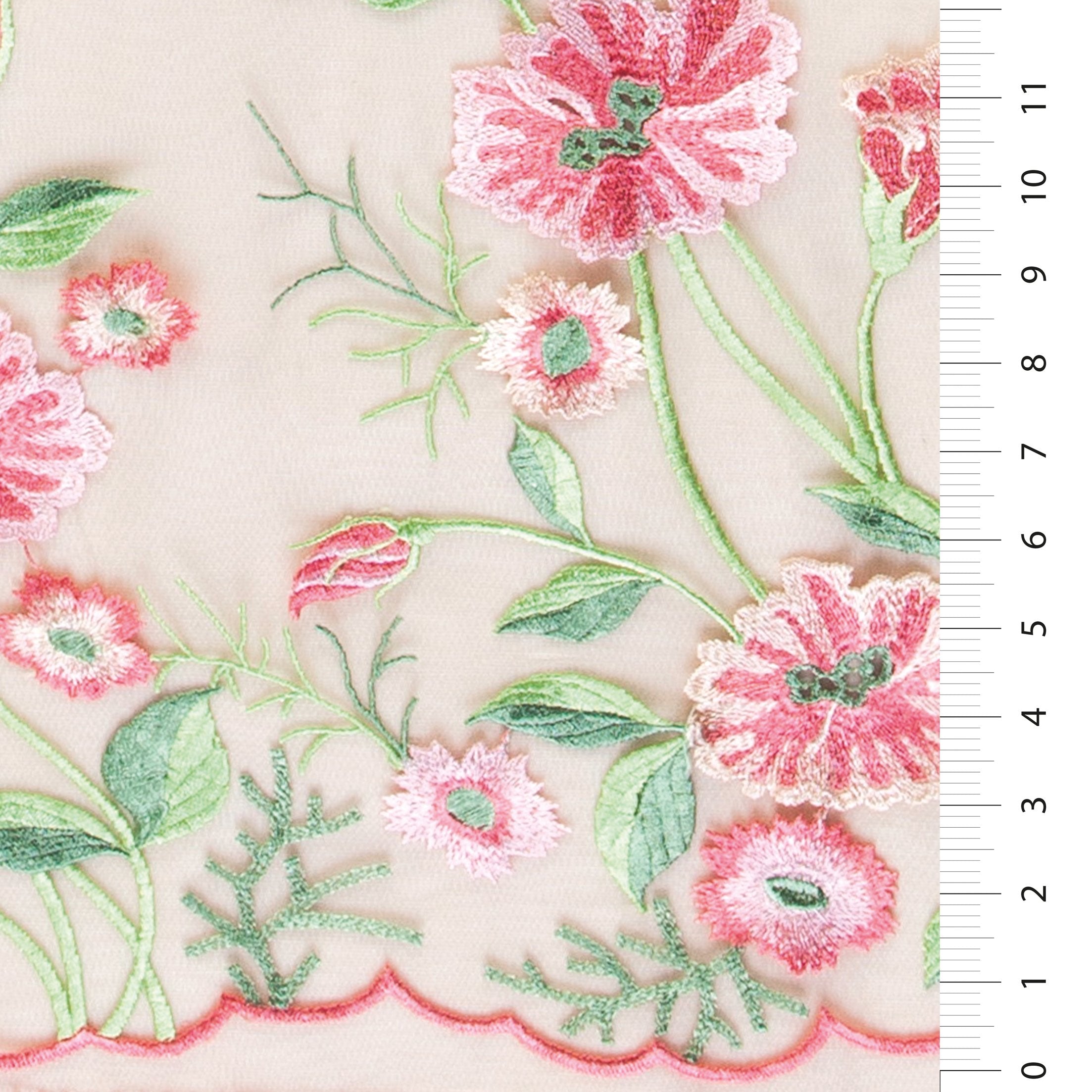 Pink Flower Garden Design Scalloped Thread Embroidery Fabric | Burç Fabric