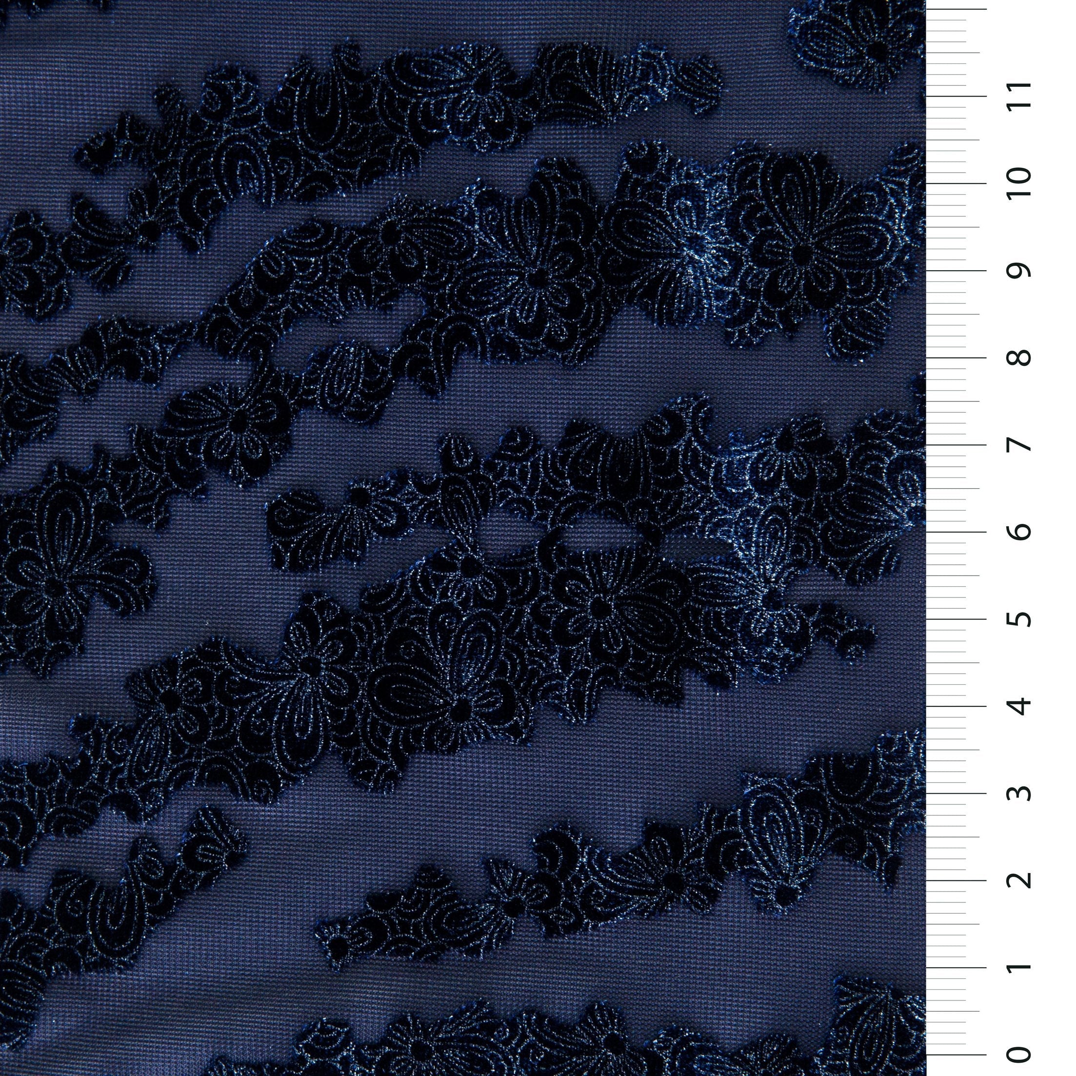 Navy Blue Metallic Shiny Velvet Floral Burning Fabric | Burç Fabric