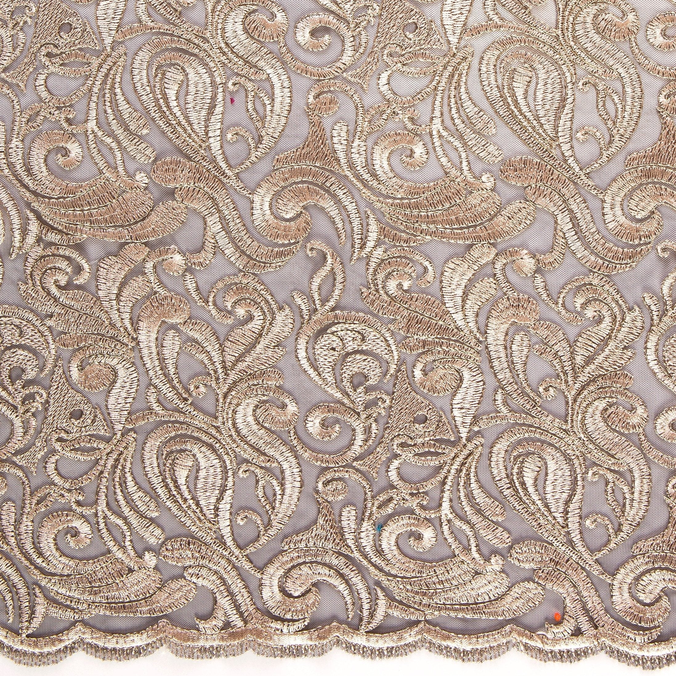 Scalloped Gold Ornamental Thread Embroidered Fabric | Burç Fabric