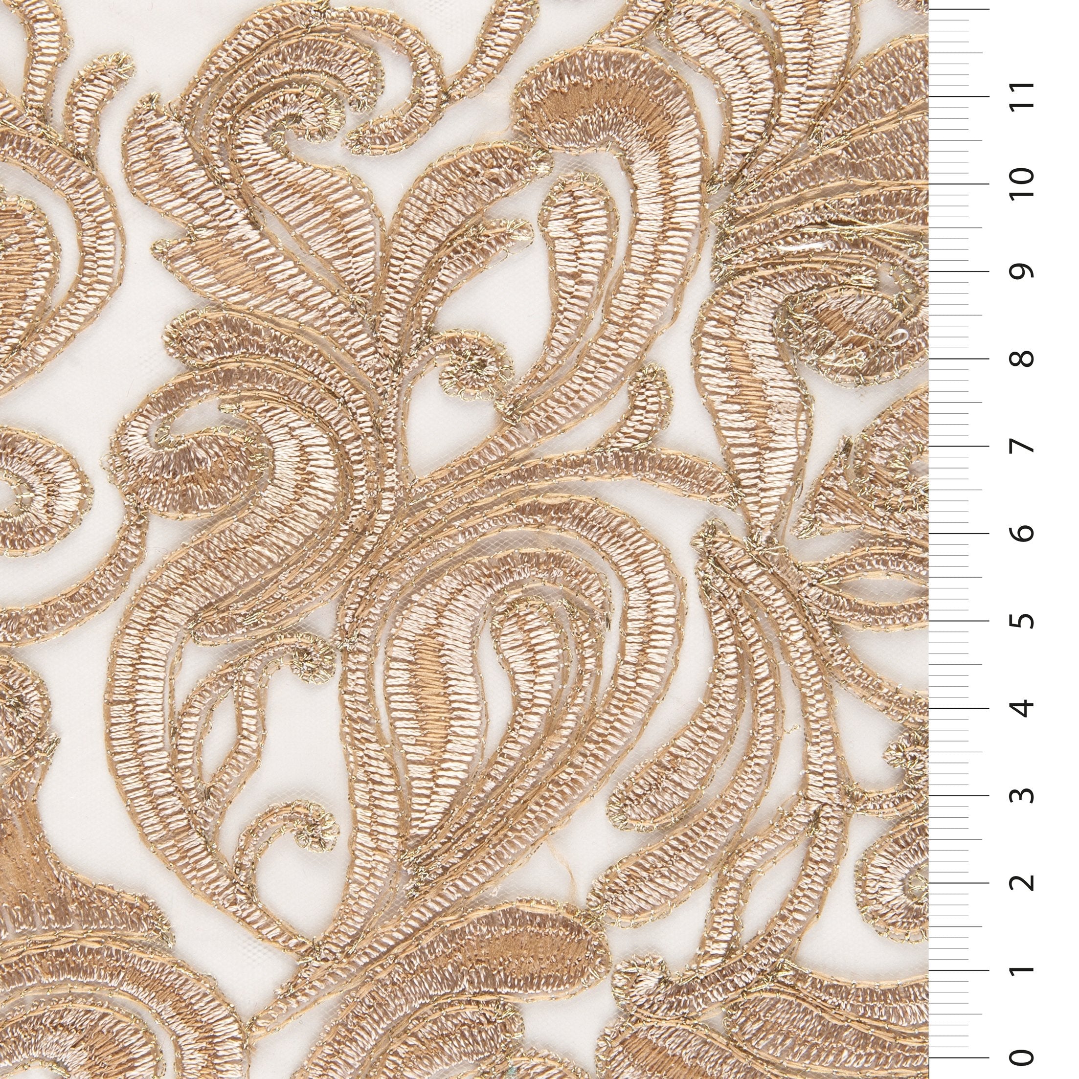 Scalloped Gold Ornamental Thread Embroidered Fabric | Burç Fabric