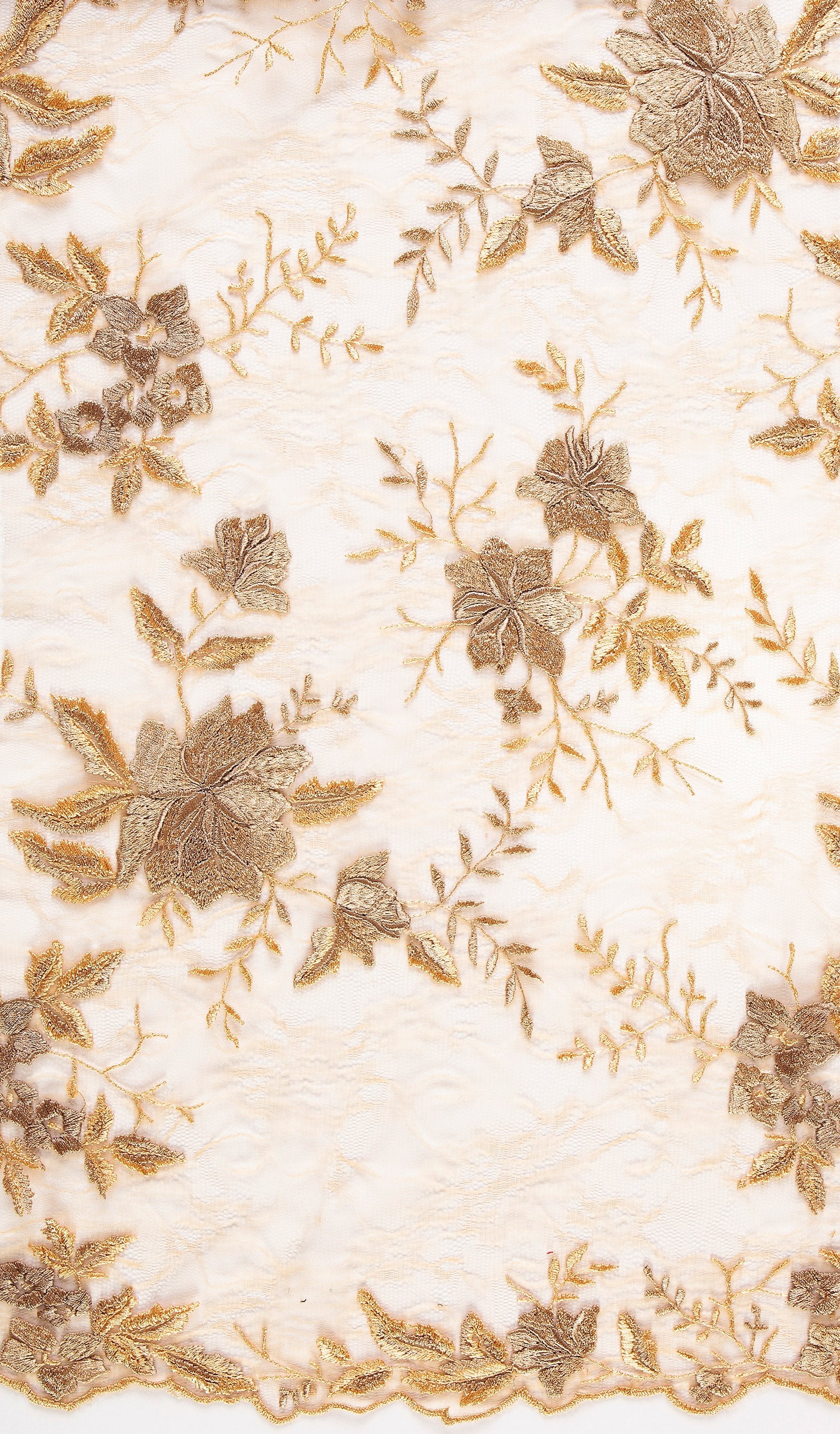 Mallorca Style Gold Floral Embroidered Lace Fabric | Burç Fabric