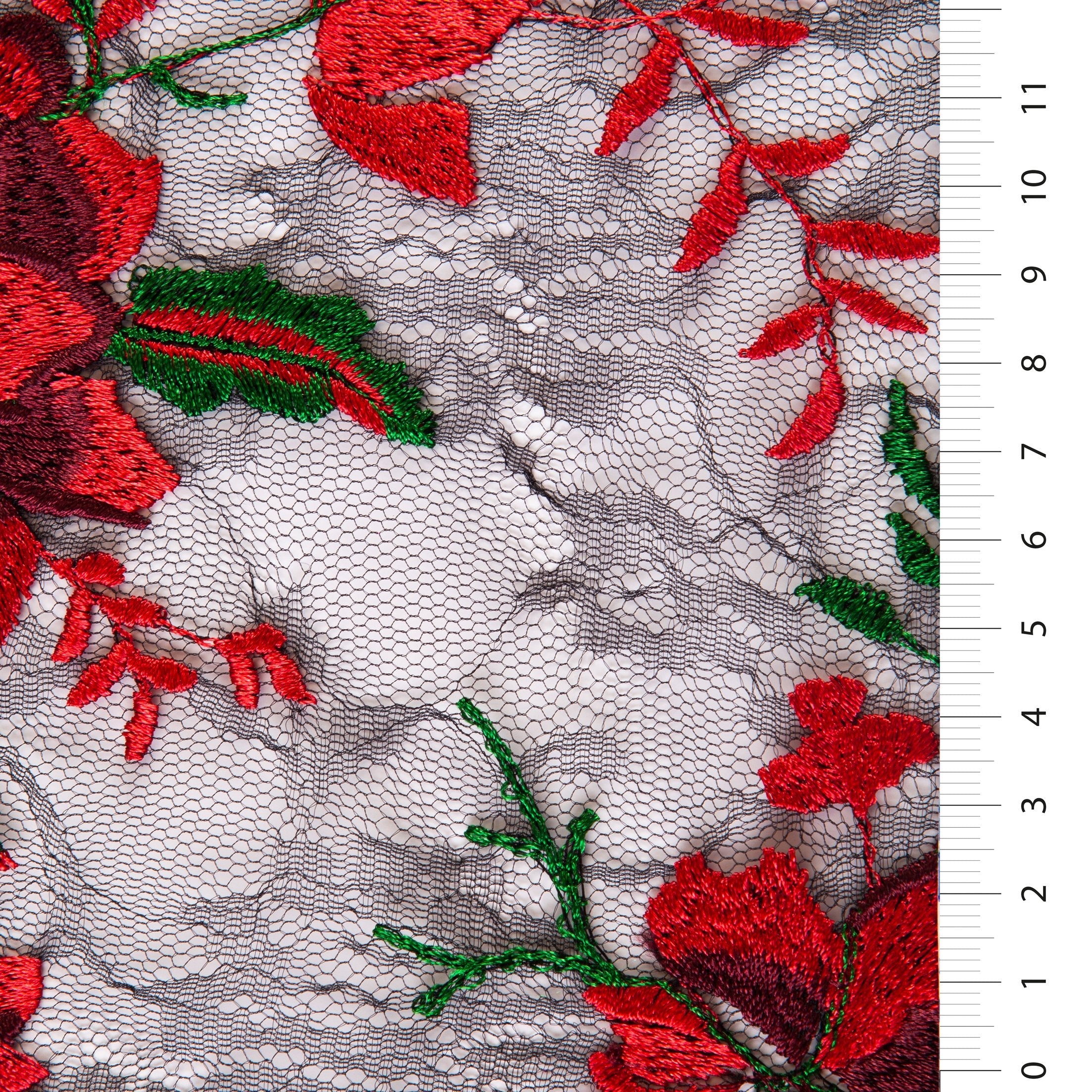 Mallorca Style Green-Red Floral Embroidered Lace Fabric | Burç Fabric