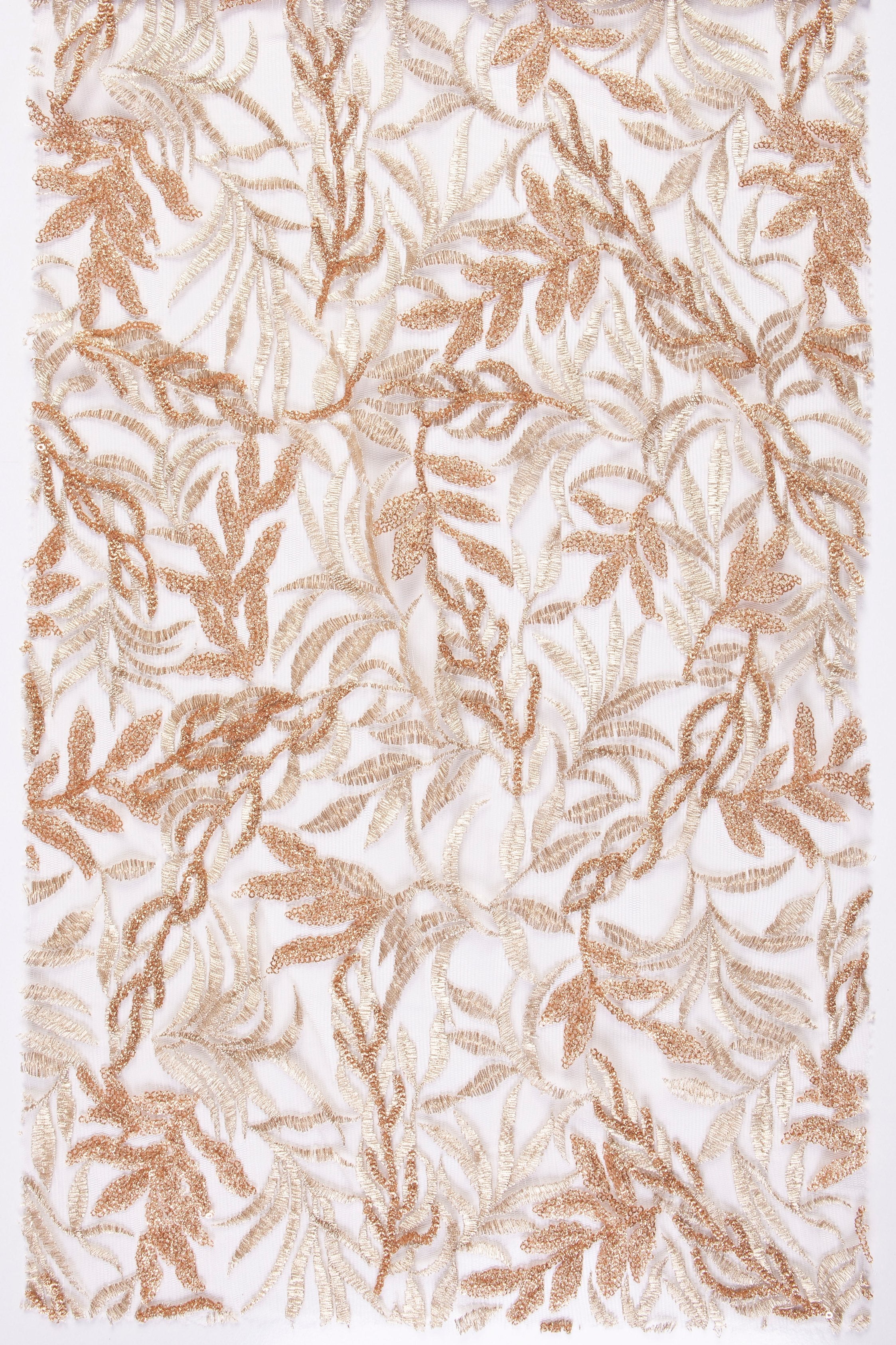 Gold Glitter Leaf Design Sequin Embroidered Fabric | Burç Fabric