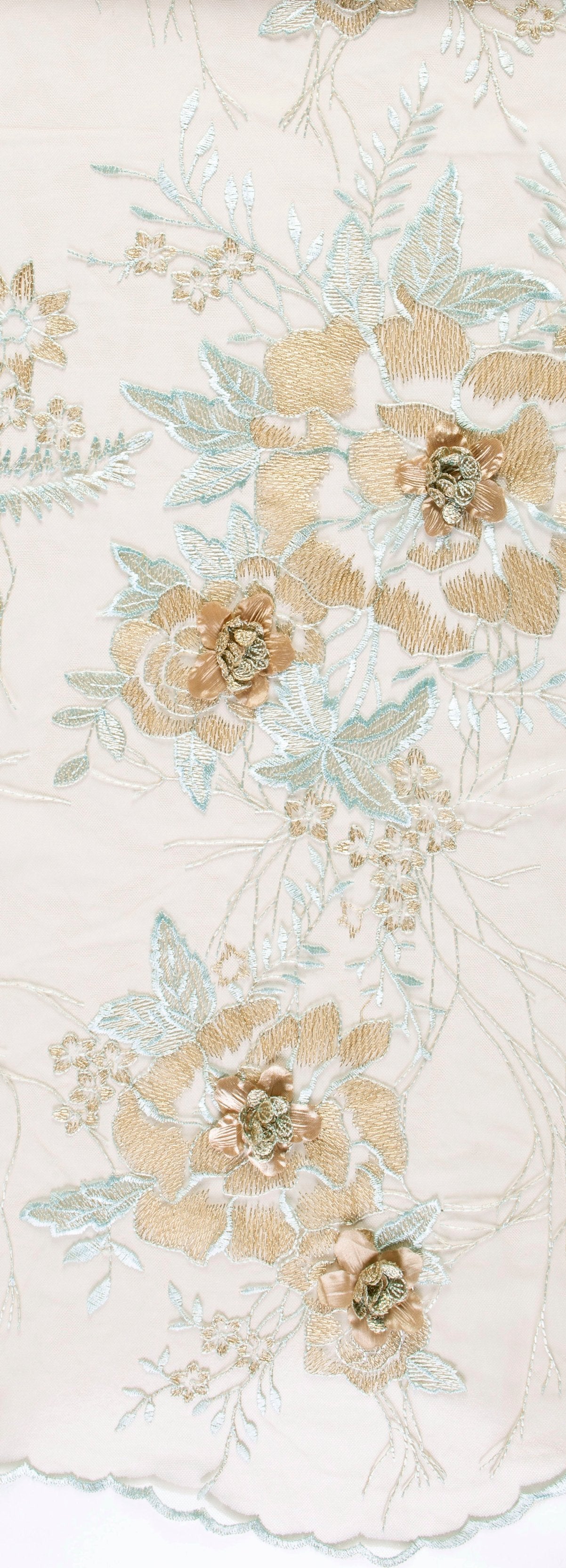 Mint 3D Princess Design Flower Embroidery Fabric | Burç Fabric