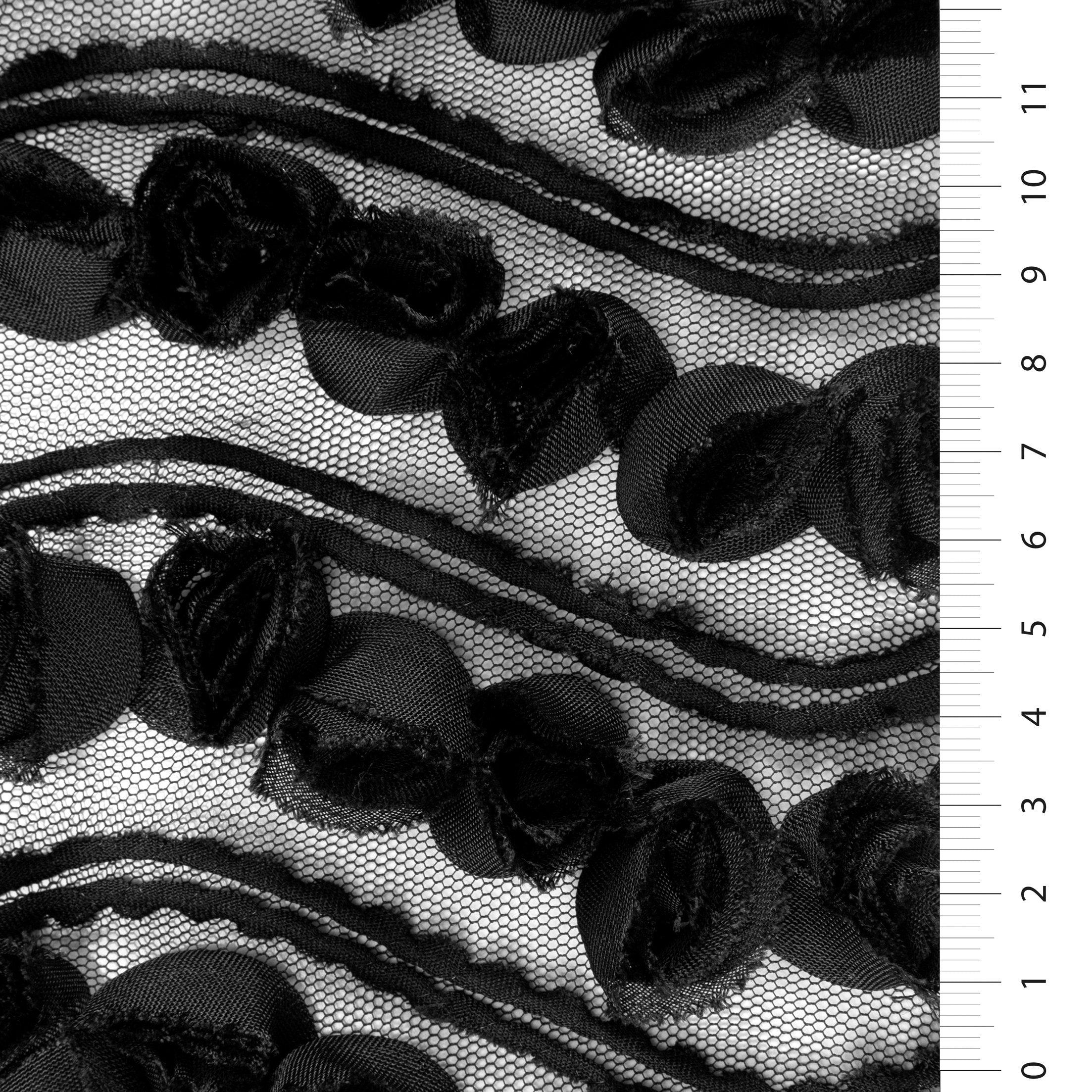 Black 3D Chiffon Rose Embroidery Fabric | Burç Fabric