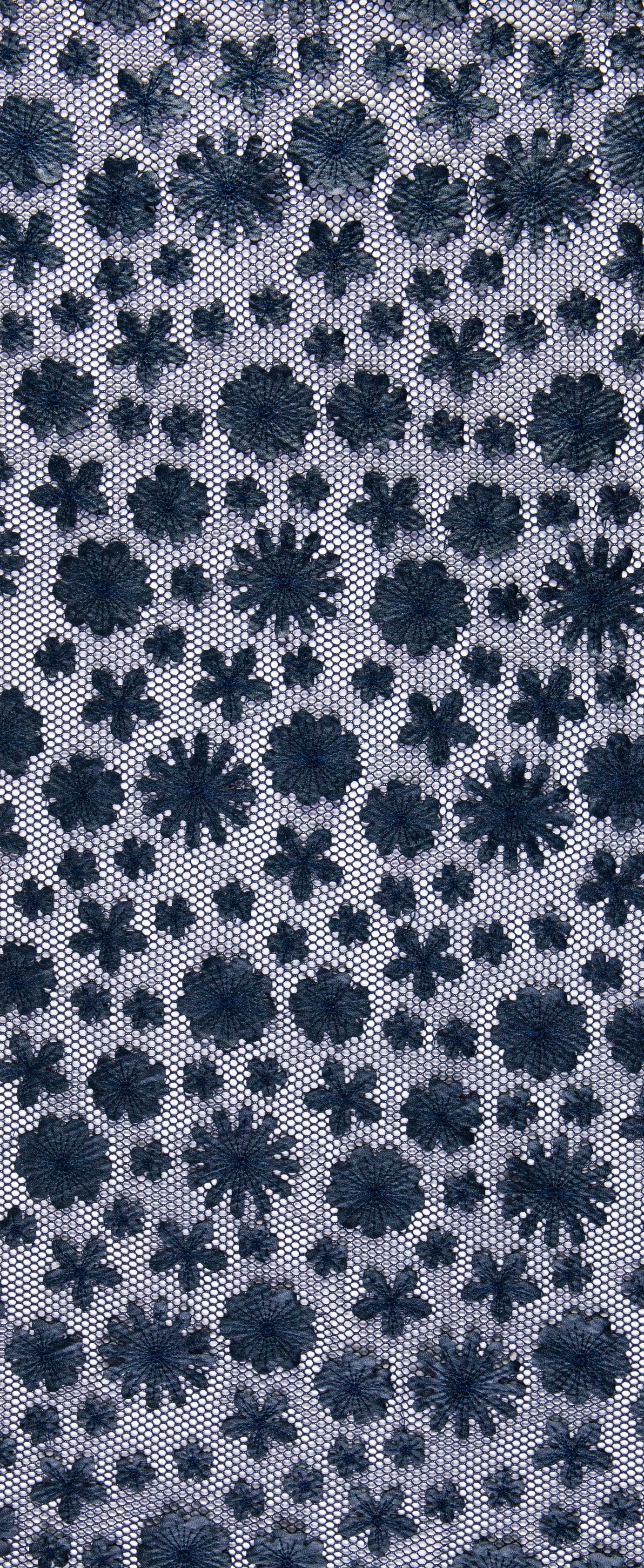 Navy Blue 3D Laser Cut Flower Faux Leather Embroidered Fabric | Burç Fabric