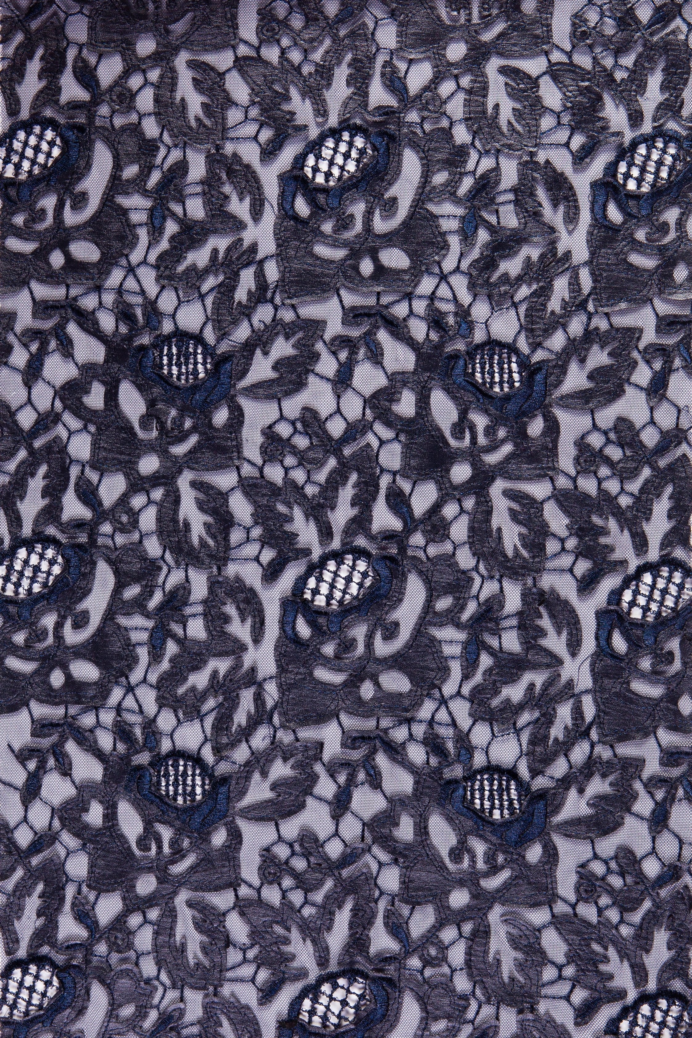 Navy Blue Laser Cut Rose Embroidered Faux Leather Tulle Fabric | Burç Fabric