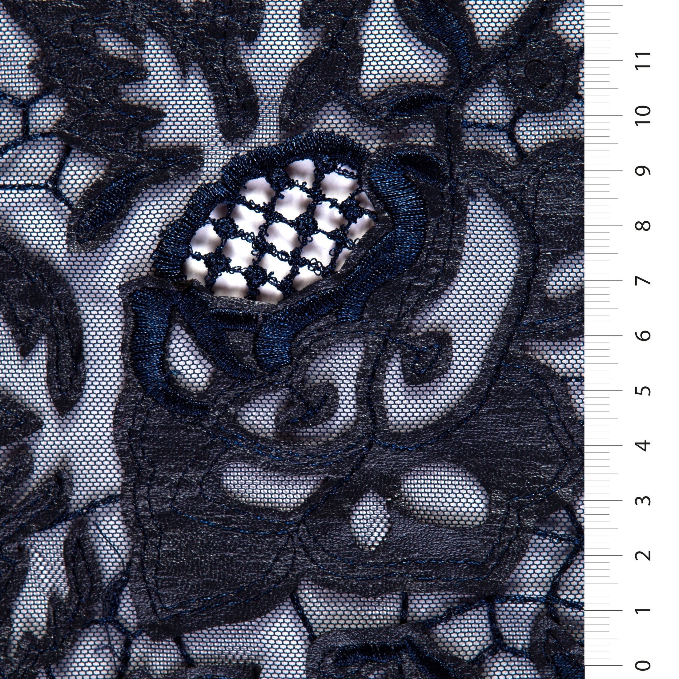 Navy Blue Laser Cut Rose Embroidered Faux Leather Tulle Fabric | Burç Fabric