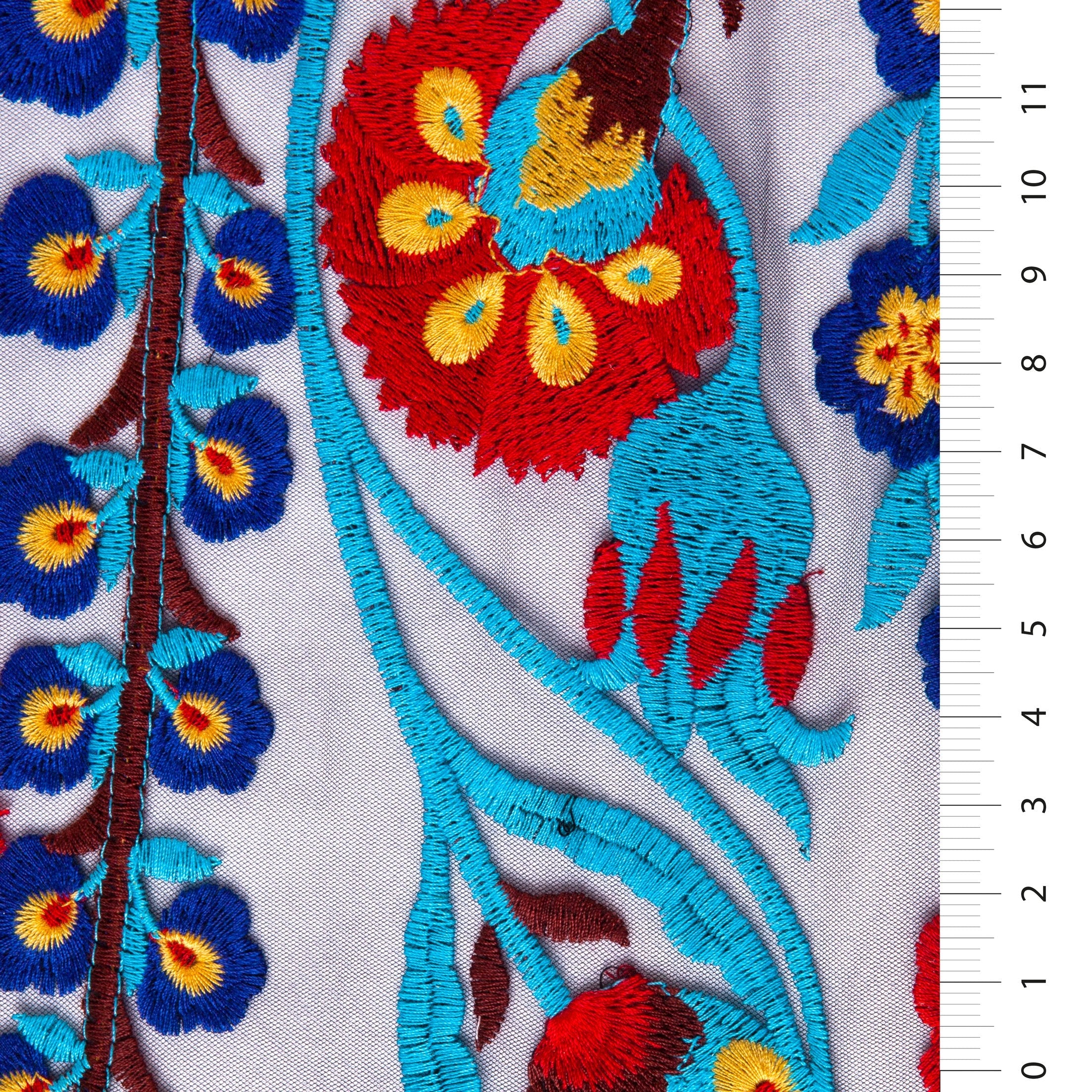 Blue Flower Pattern Colored Thread Embroidery Fabric | Burç Fabric