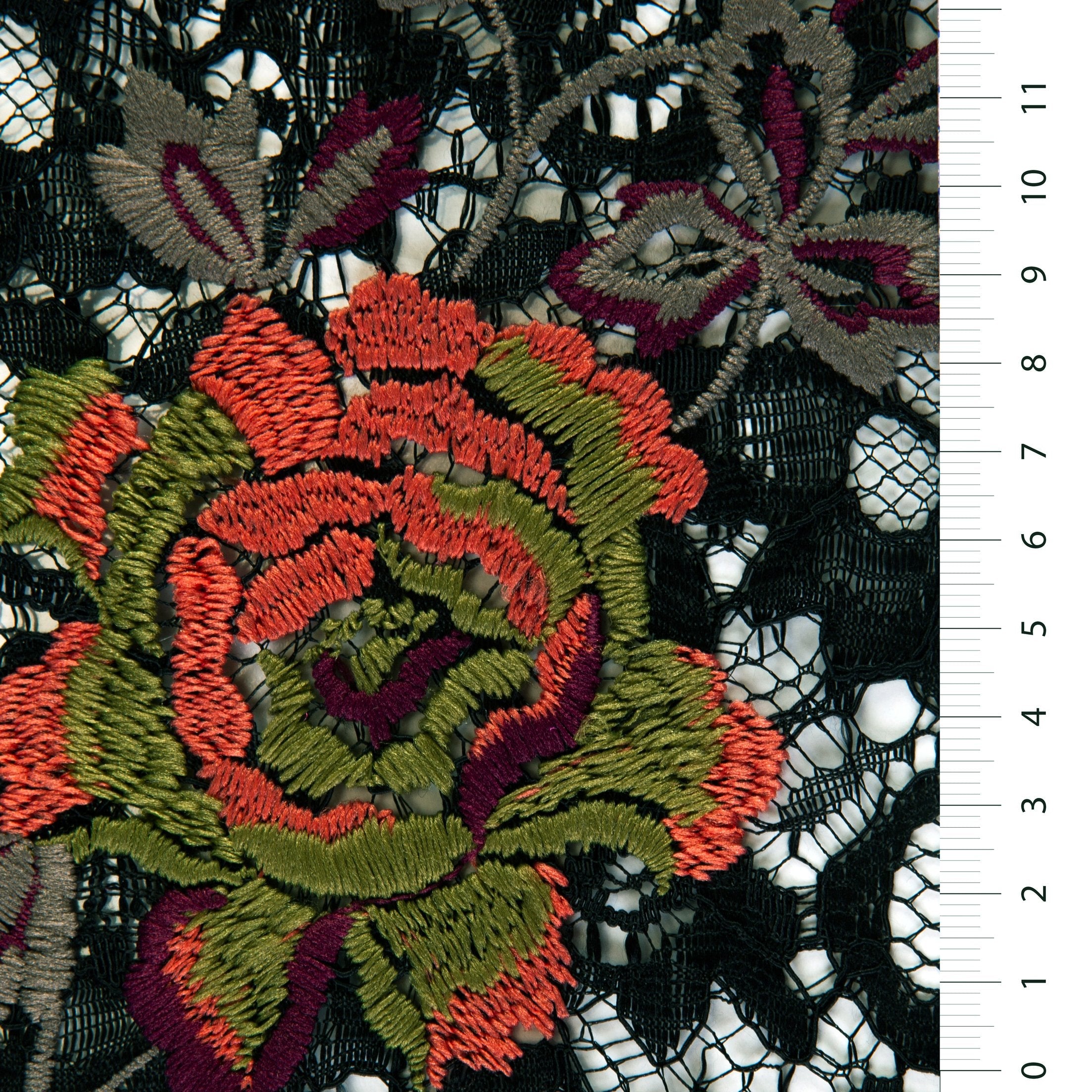 Colorful Flower Thread Embroidered Black Lace Fabric | Burç Fabric