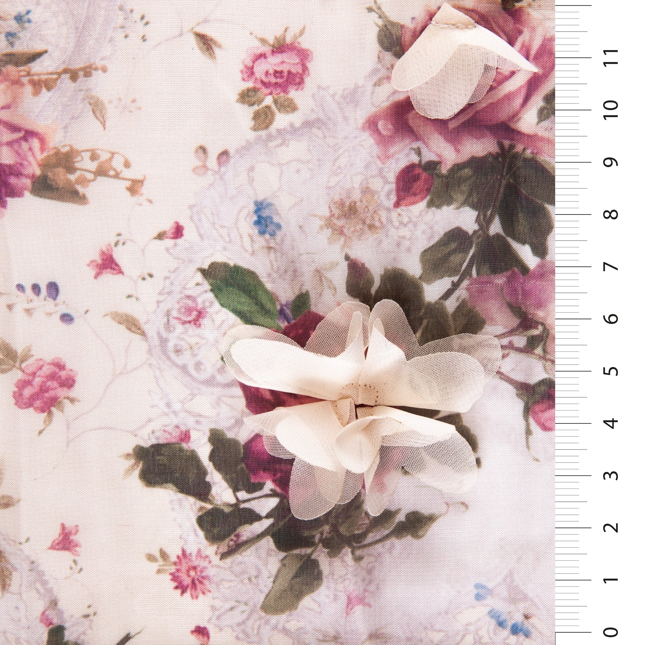 Cream 3D Chiffon Floral Embellished Woven Fabric | Burç Fabric