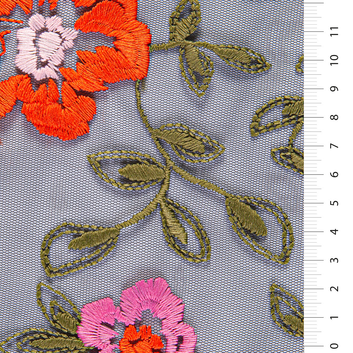 All Orange Green Floral Design Embroidered Fabric
