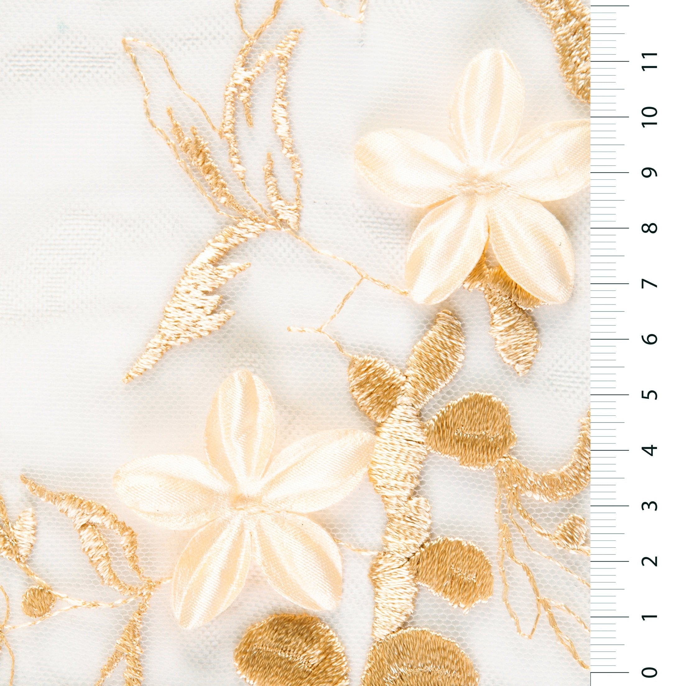 Gold 3D Chiffon Flowers Embroidery Fabric | Burç Fabric