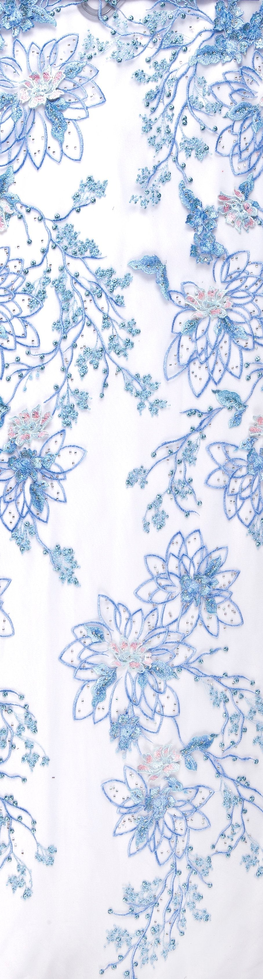 3D Flower Design Beaded Thread Embroidery Mesh Fabric | Burç Fabric