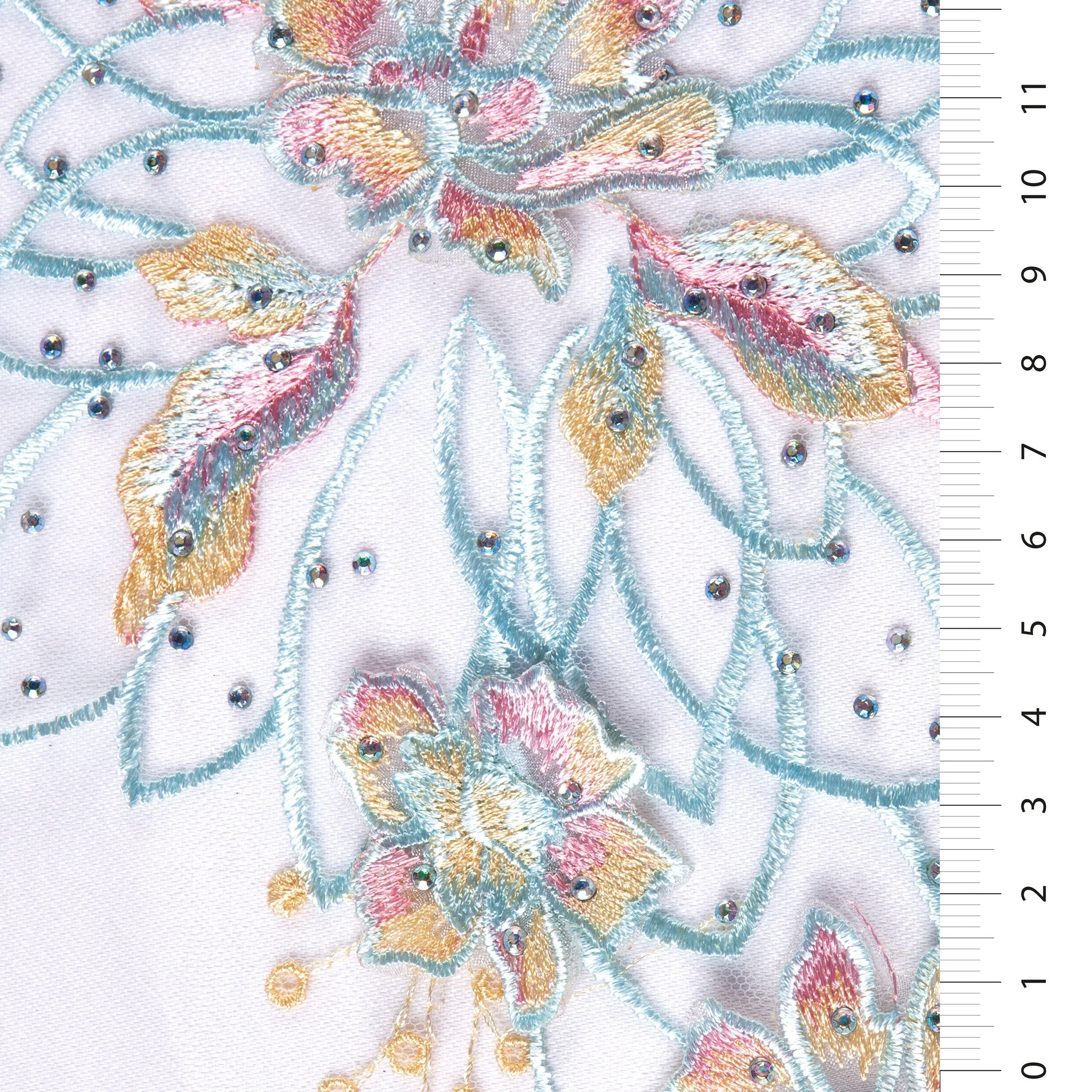 Salmon 3D Flower Design Beaded Thread Embroidery Mesh Fabric | Burç Fabric