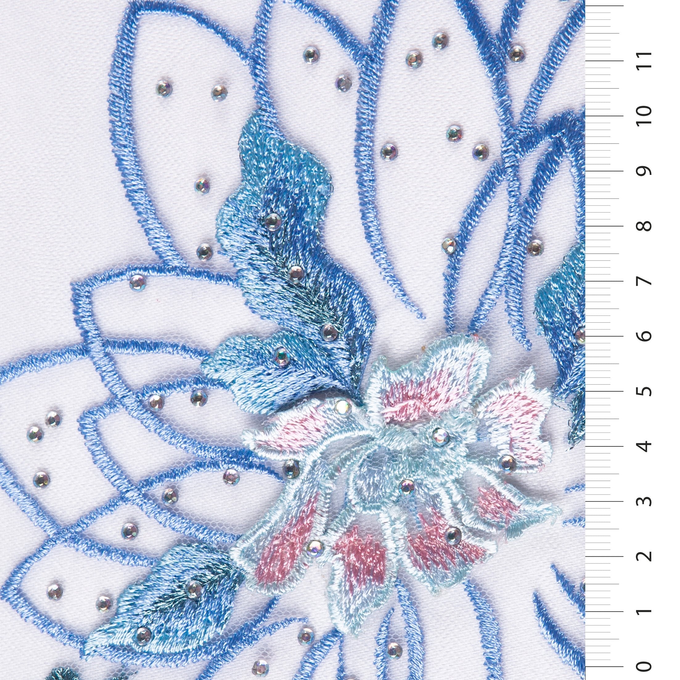 Blue 3D Flower Design Beaded Thread Embroidery Mesh Fabric | Burç Fabric