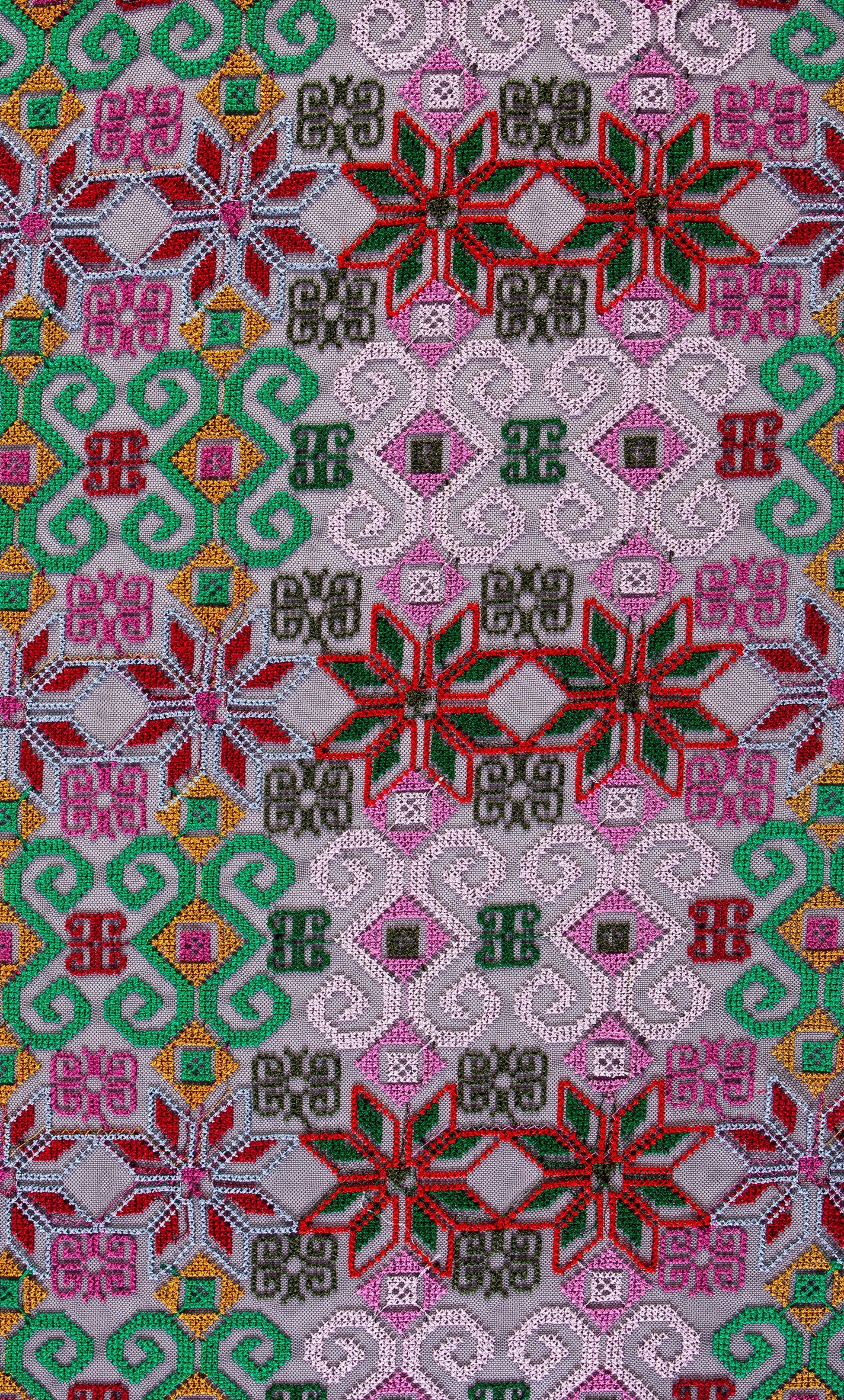 Pink-Red Aztec Design Knitted Thread Embroidered Fabric | Burç Fabric