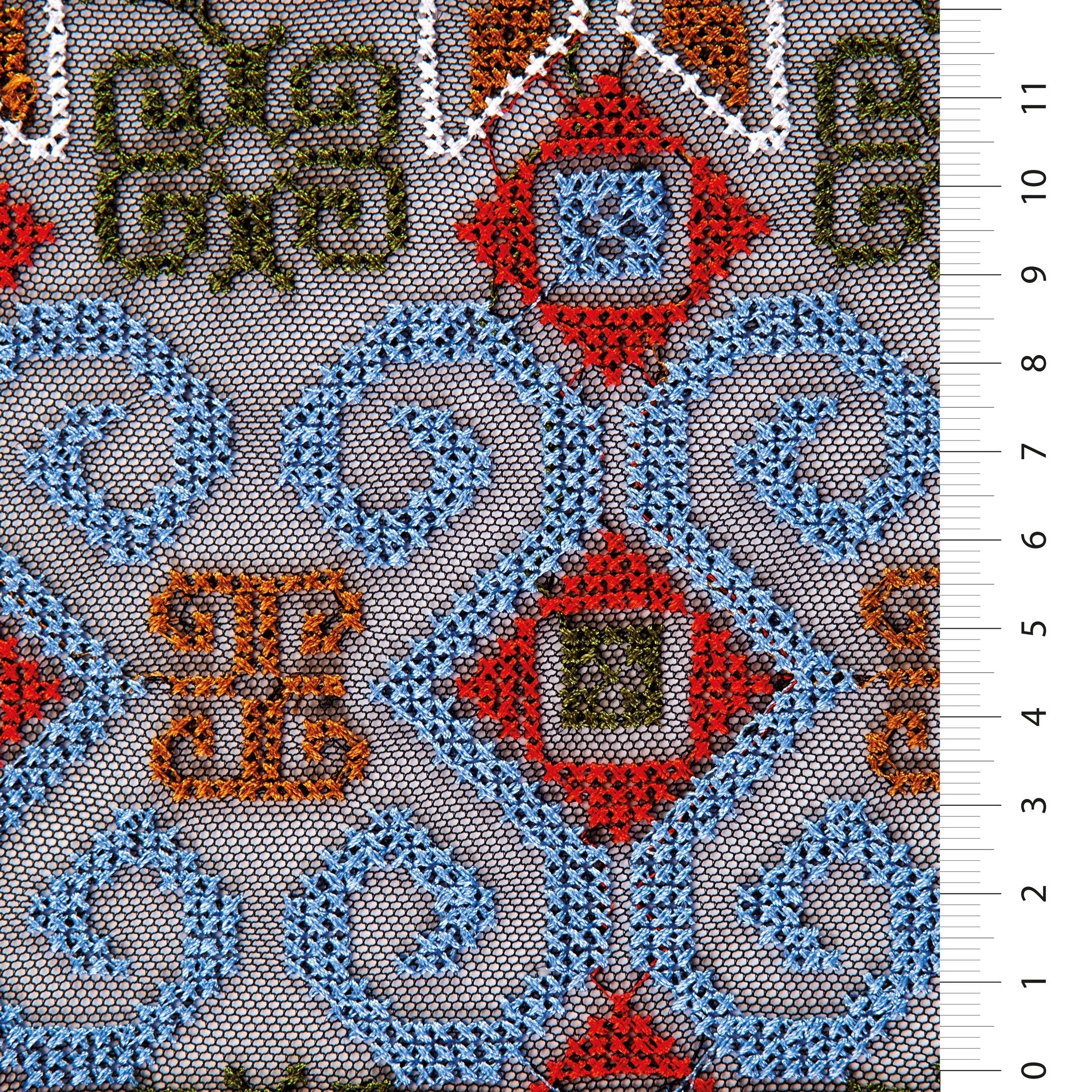 Blue-Red Aztec Design Knitted Thread Embroidered Fabric | Burç Fabric