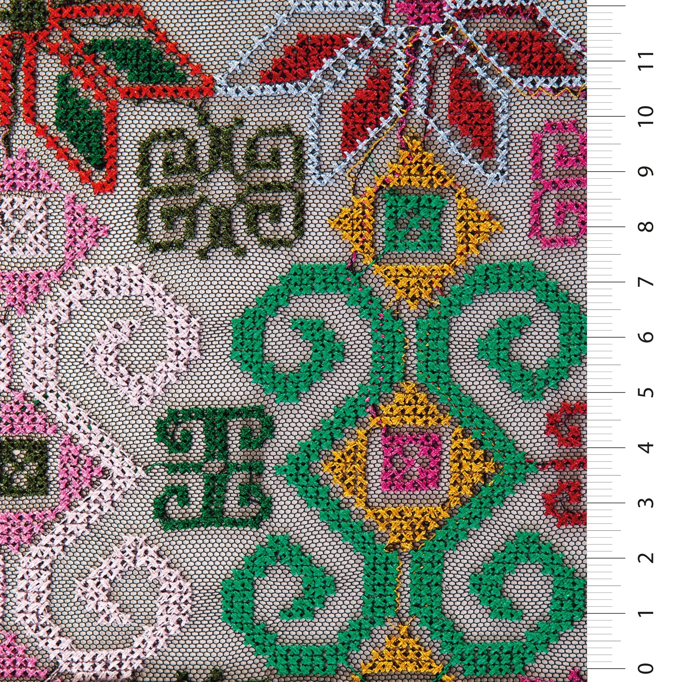 Green-Red Aztec Design Knitted Thread Embroidered Fabric | Burç Fabric