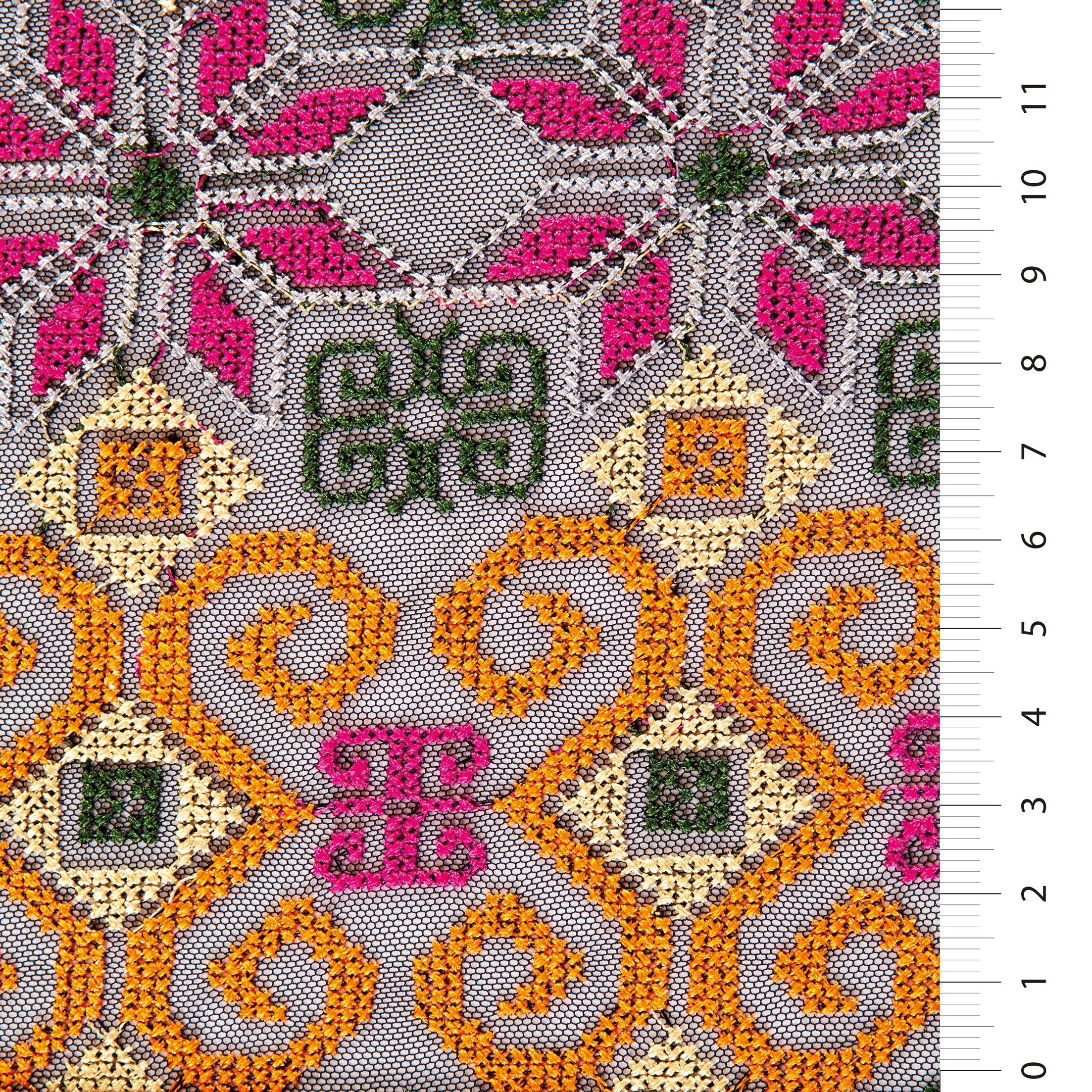 Orange-Fuchsia Aztec Design Knitted Thread Embroidered Fabric | Burç Fabric