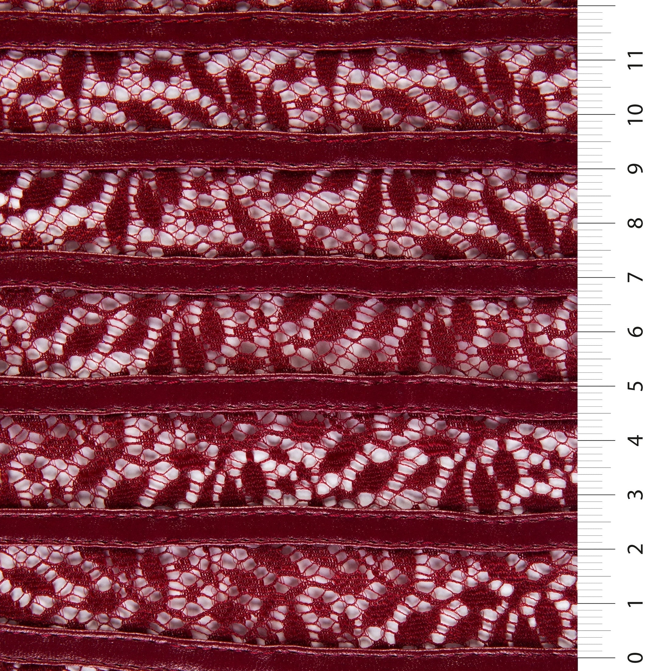 Burgundy Laser Cut Faux Leather Striped Lace Embroidery | Burç Fabric