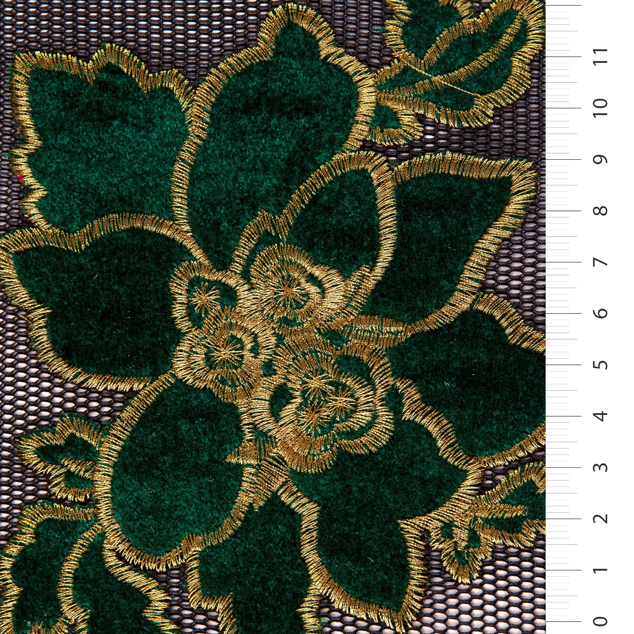 Green Velvet Flower Embroidered Fabric on Net Tulle | Burç Fabric