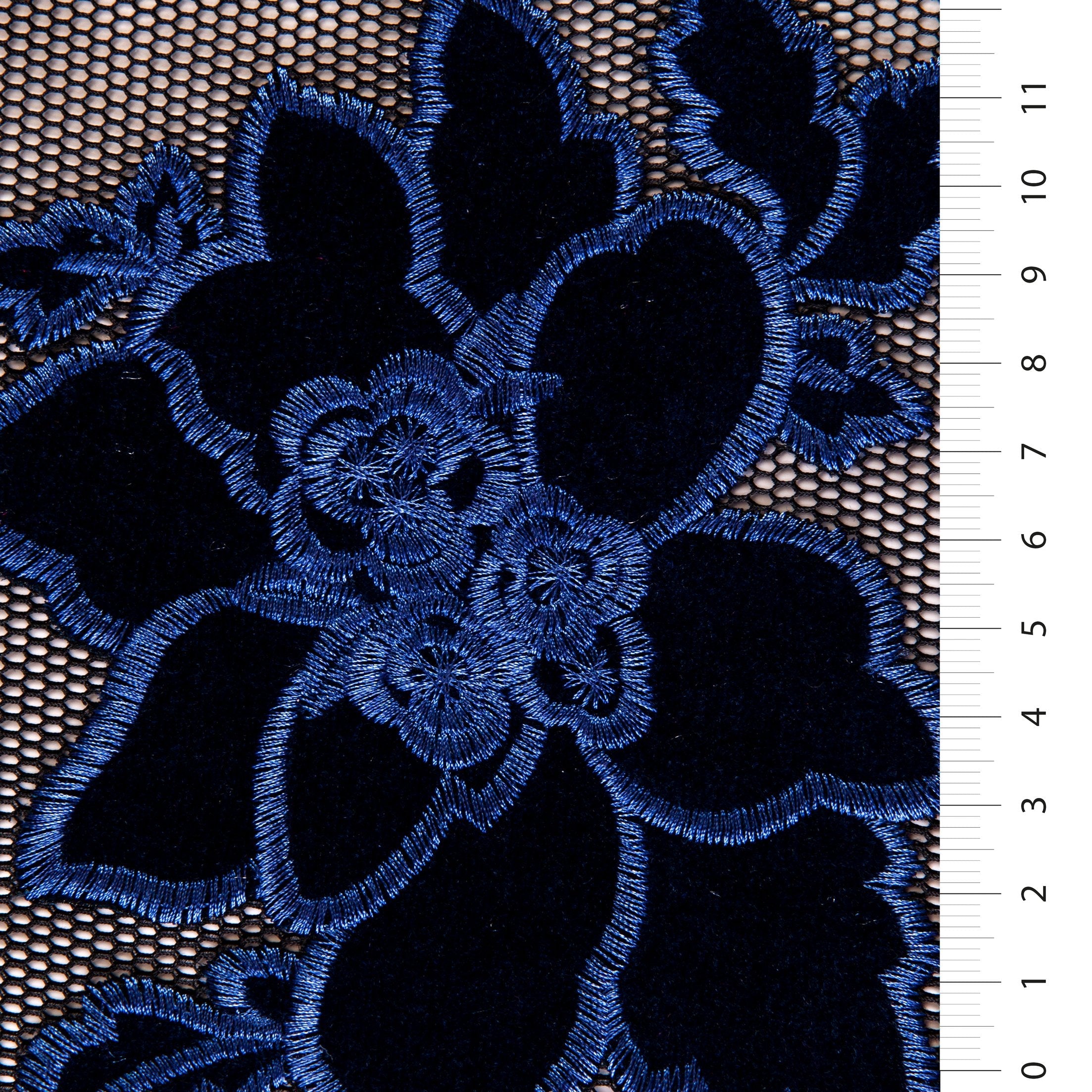 Navy Blue Velvet Flower Embroidered Fabric on Mesh Tulle | Burç Fabric