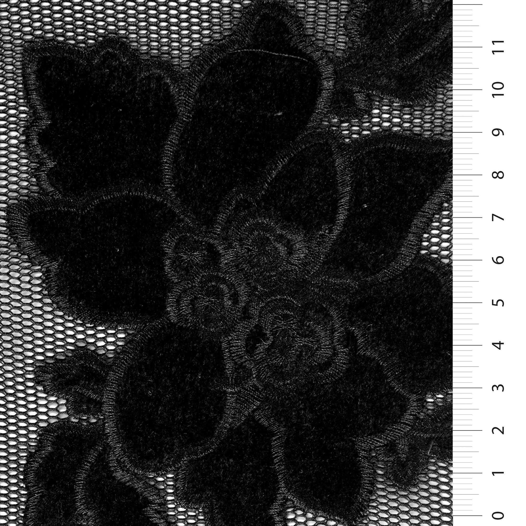 Black Velvet Flower Embroidered Fabric on Net Tulle | Burç Fabric