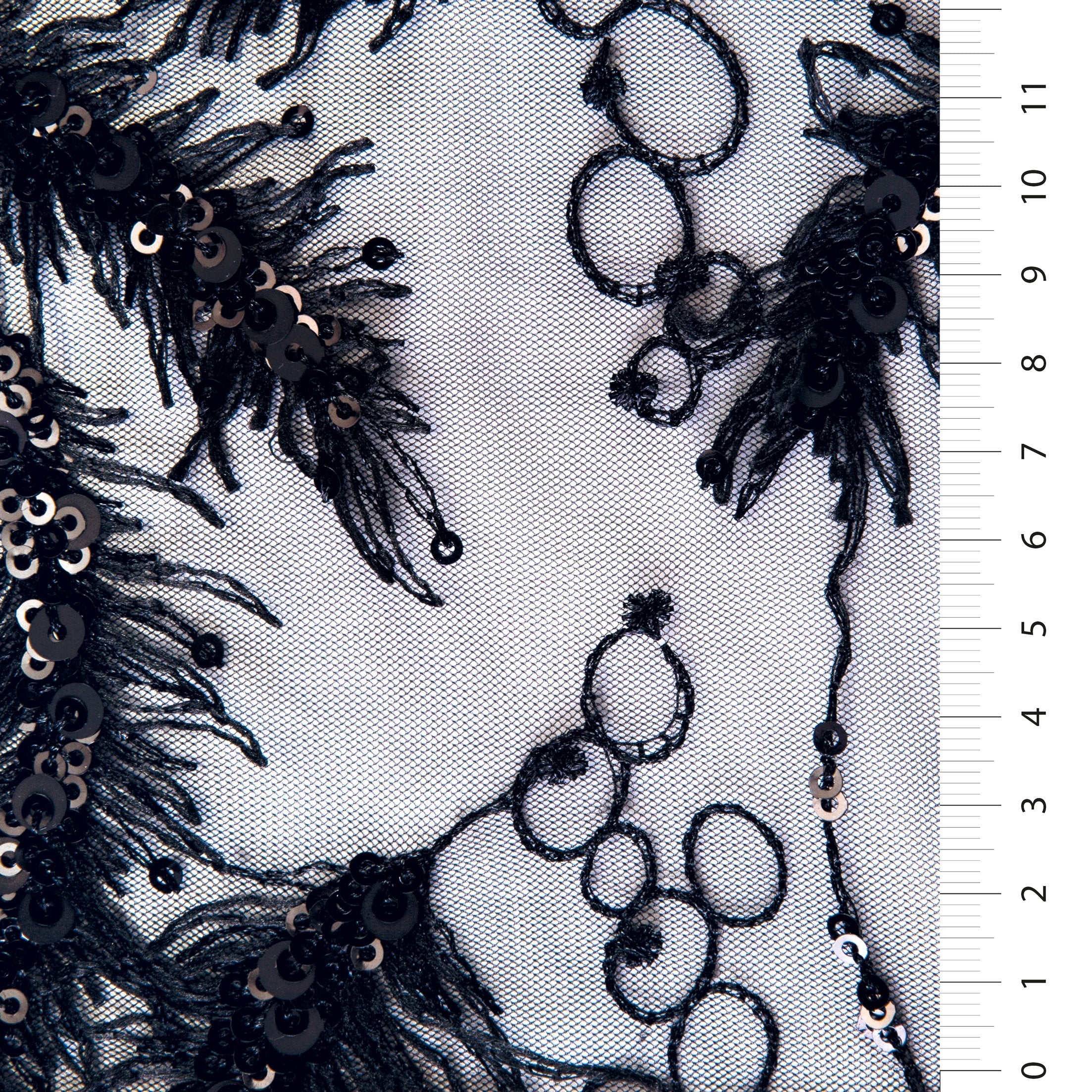 Black 3D Small Fringed Flower Design Sequin Embroidery Fabric | Burç Fabric