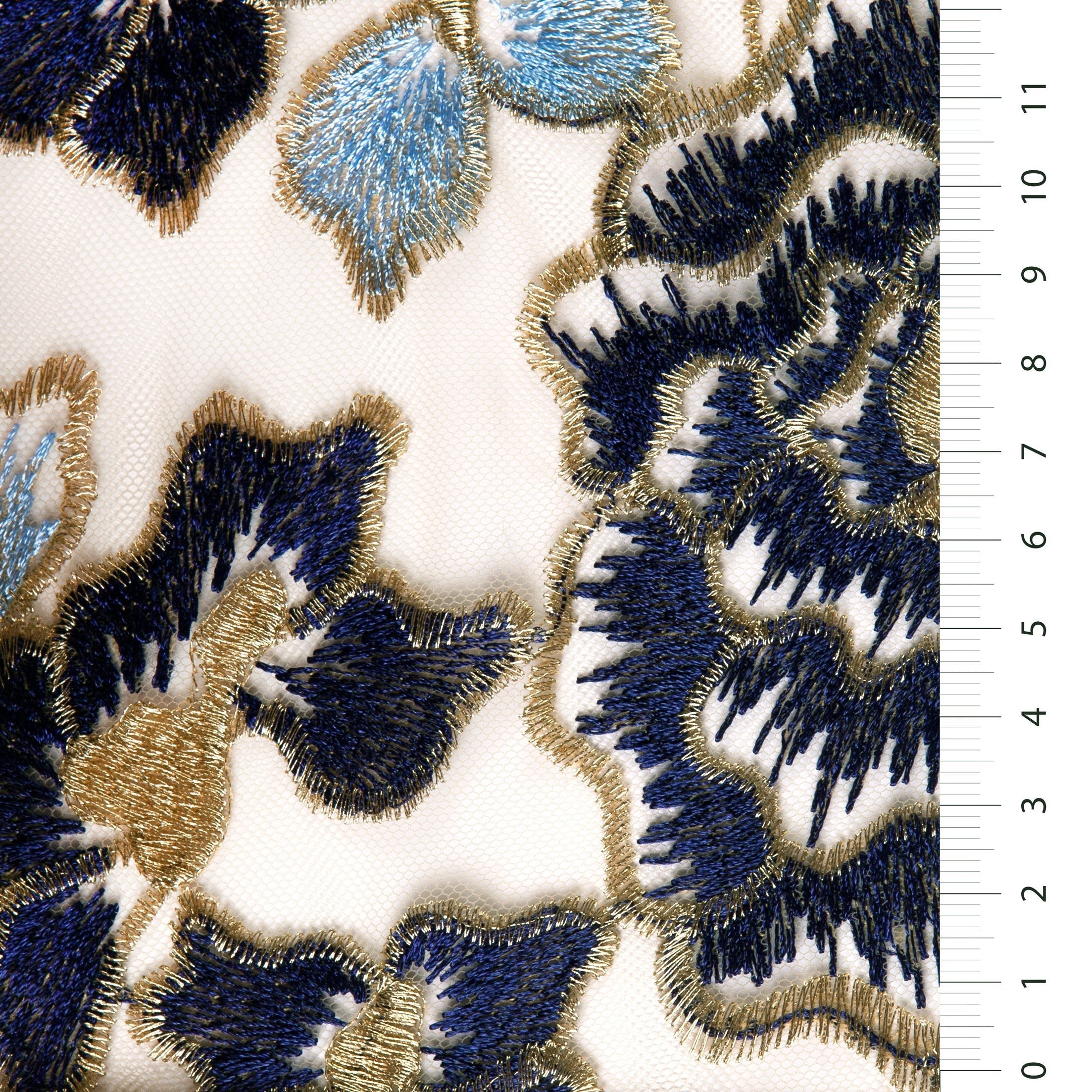 Sicilian Style Blue Leaf Design Thread Embroidered Fabric | Burç Fabric