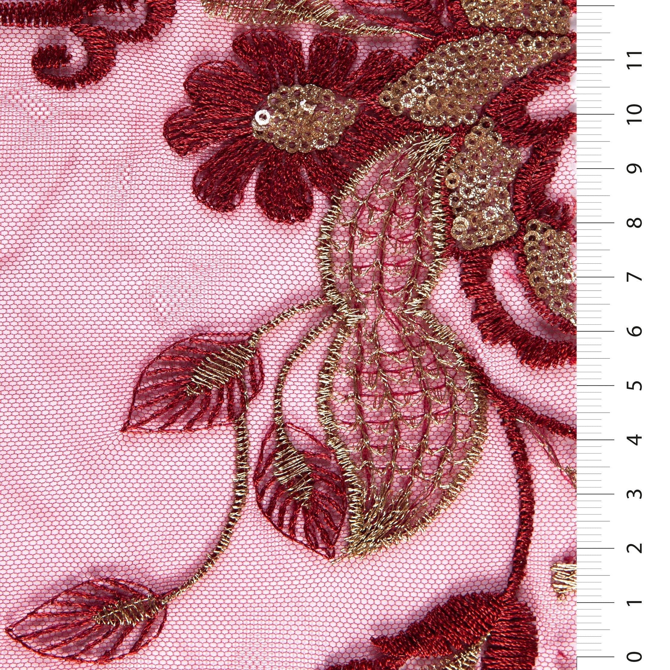 Burgundy Henna Style Glitter Floral Sequin Embroidered Fabric | Burç Fabric