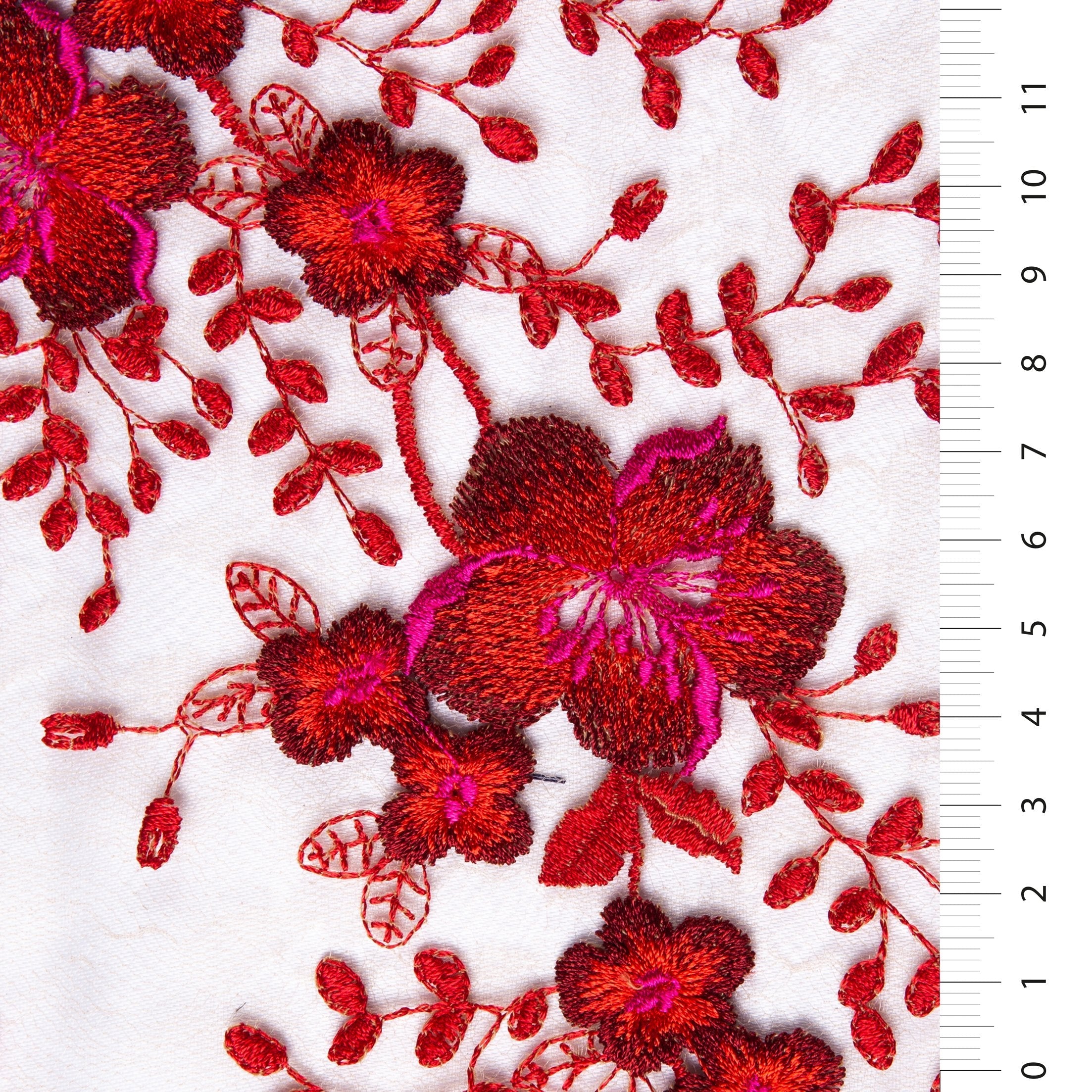 Colorful Thread Embroidered Lace Fabric with Coral Flower Design | Burç Fabric