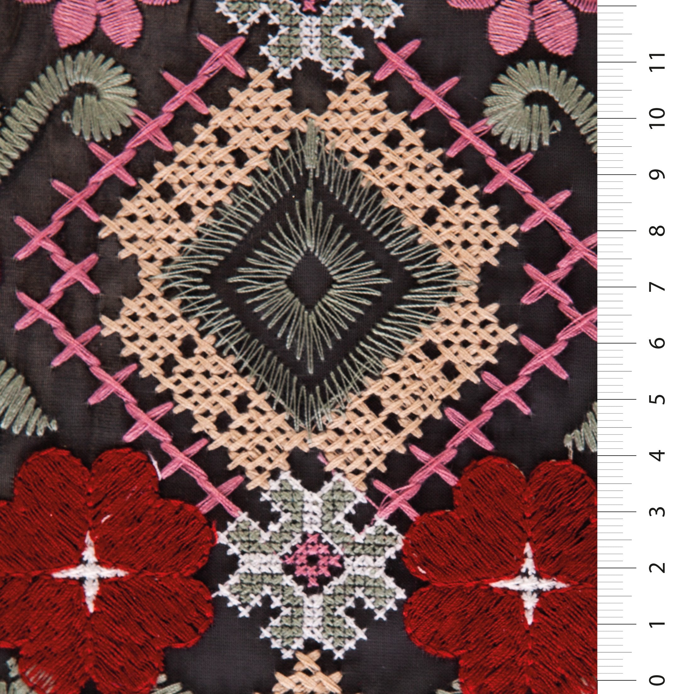 Black Red Floral Aztec Design Embroidered Fabric | Burç Fabric