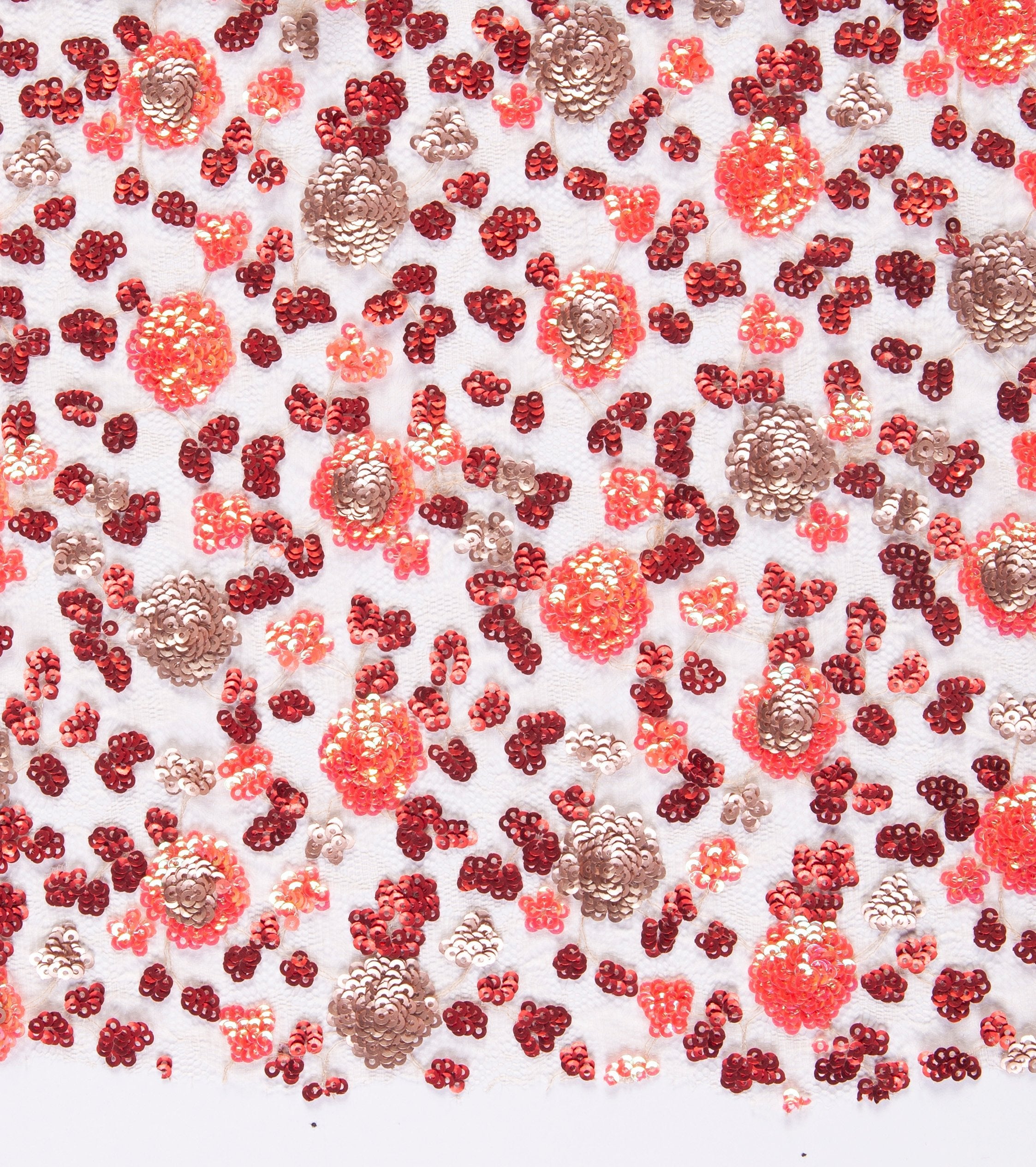 Colorful Sequin Embroidered Fabric with Coral Cluster Flower Design | Burç Fabric