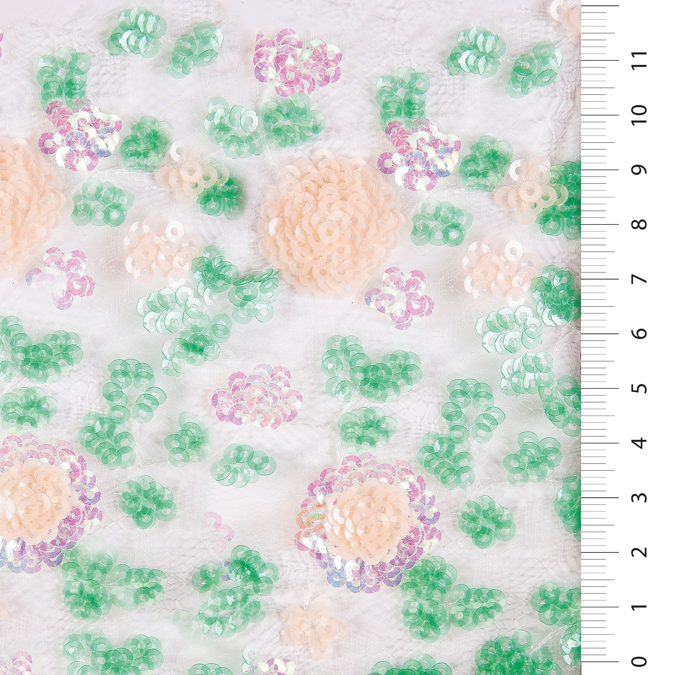Mint-Salmon Cluster Flower Design Sequin Embroidered Fabric | Burç Fabric