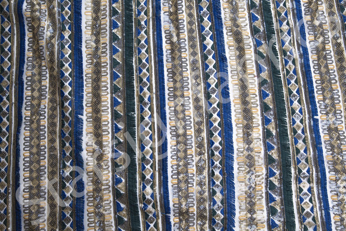 Blue Fringed Striped Ethnic Design Gold Sequin Embroidery Fabric | Burç Fabric