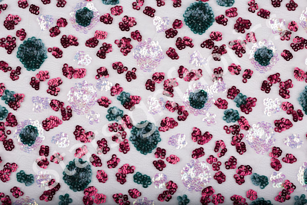 Red-Pink Cluster Flower Design Sequin Embroidered Fabric | Burç Fabric