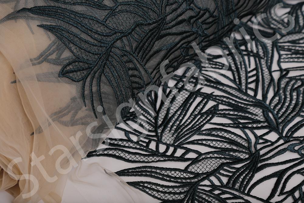 Wavy Leaf Pattern Layered Thread Embroidery Fabric