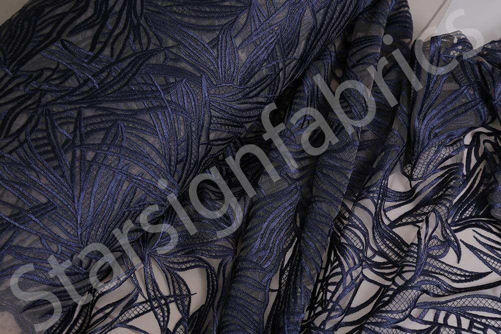 Navy Blue Wavy Leaf Patterned Thread Embroidered Fabric | Burç Fabric