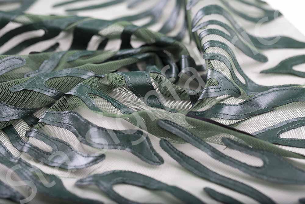 Green Kawasaki Style Laser Cut Faux Leather Embroidered Fabric | Burç Fabric